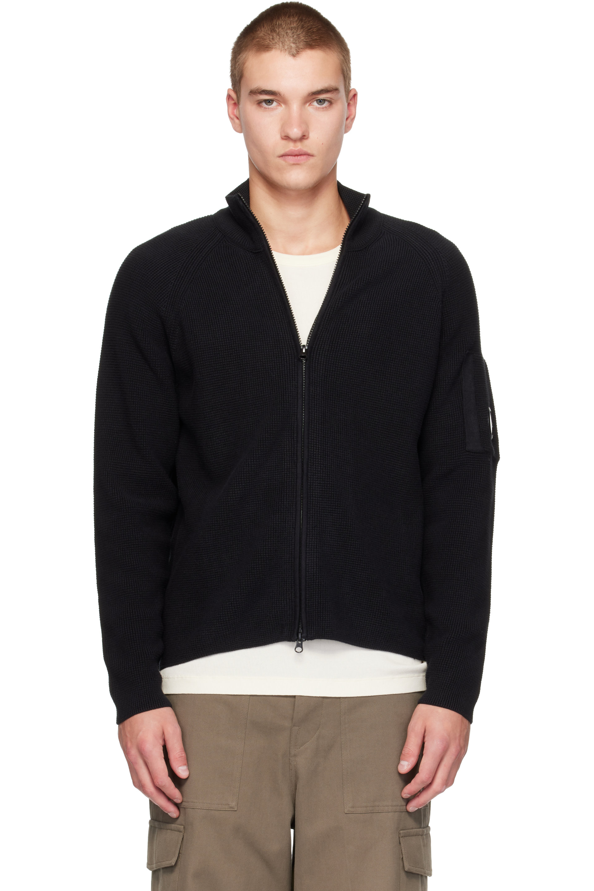 C.P. Company - Black Waffle Knit Cotton Zip Lens Cardigan
