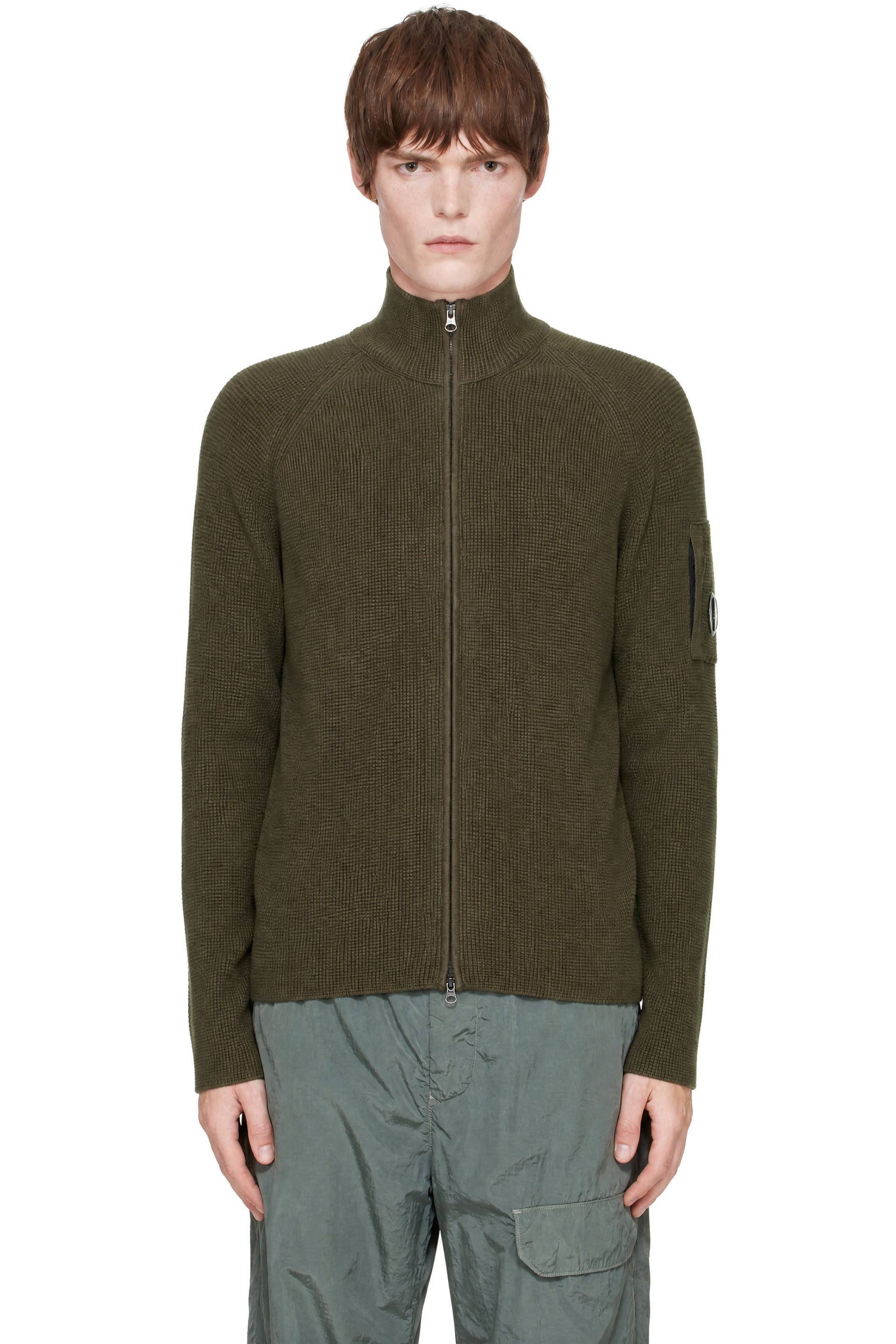 C.P. Company - Khaki Waffle Knit Cotton Zip Lens Sweater