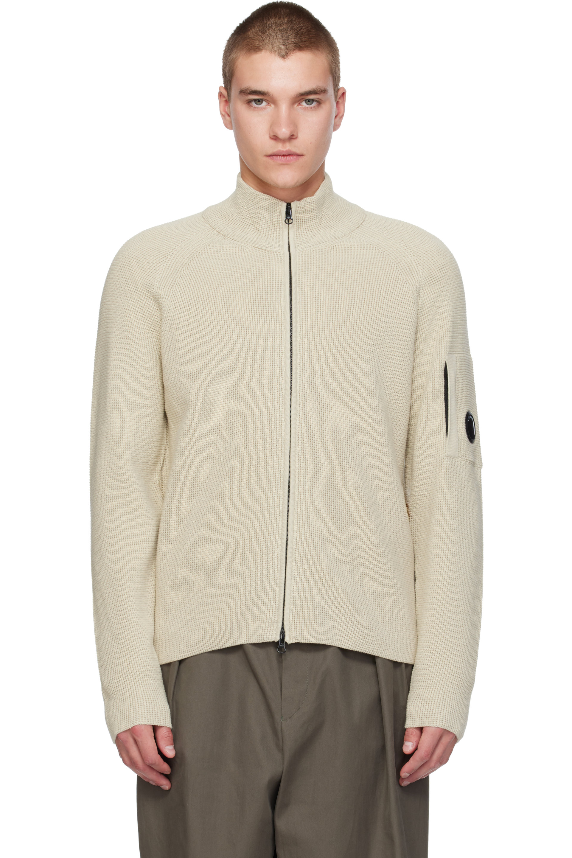 C.P. Company - Beige Waffle Knit Cotton Zip Lens Jacket