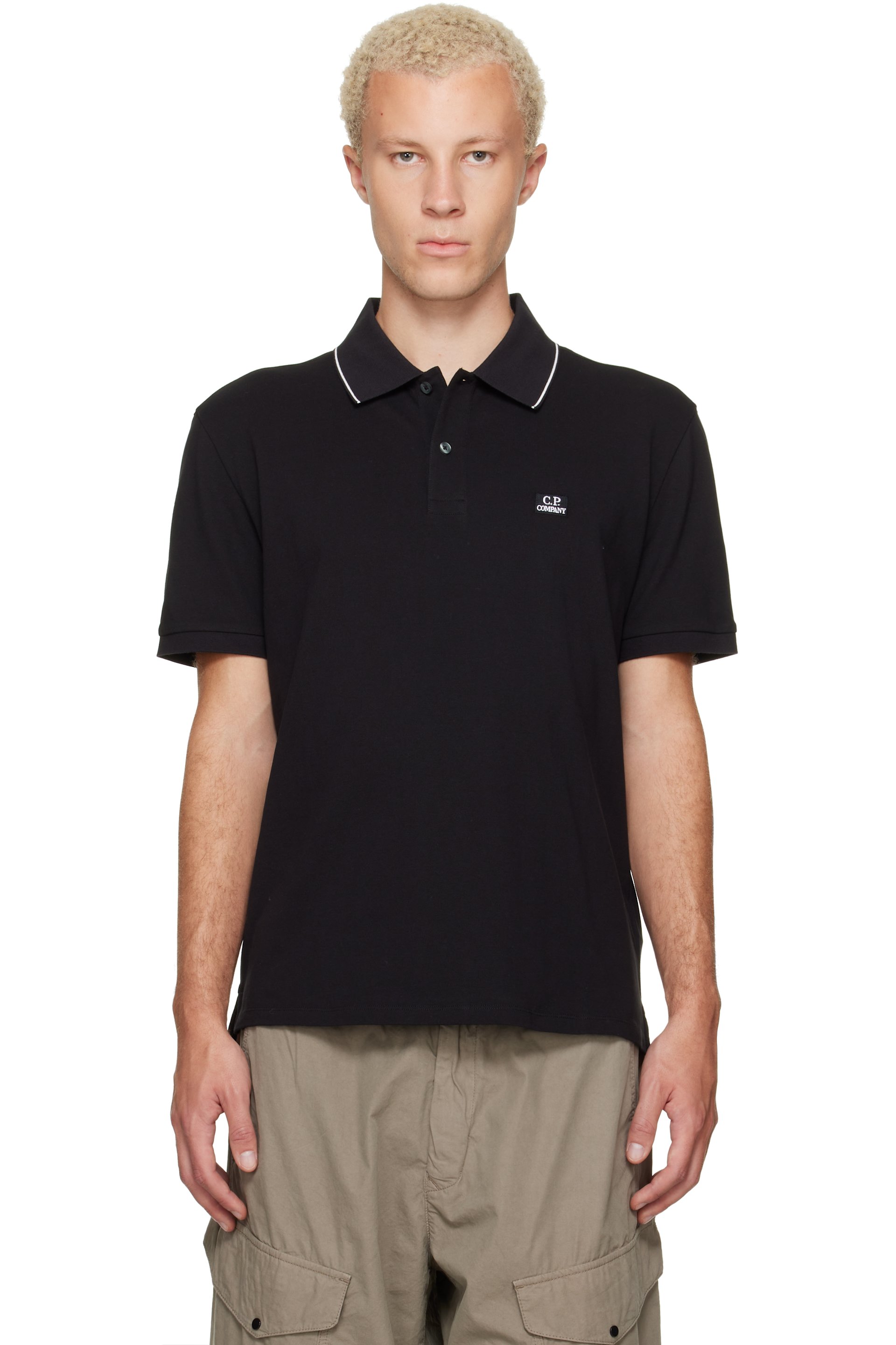 C.P. Company - Black Stretch Piquet Short Sleeve Logo Polo