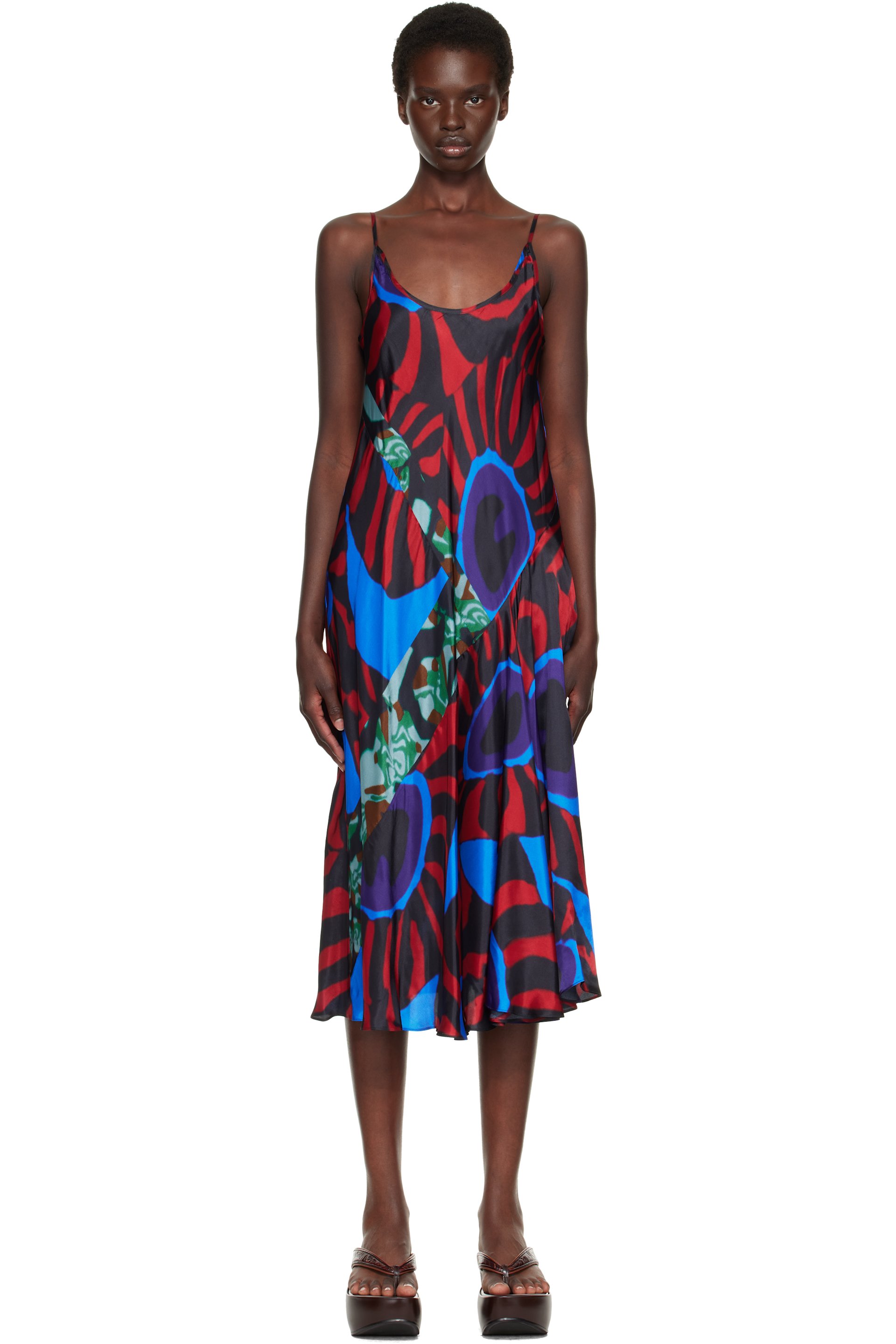 Dries Van Noten - Red & Blue Printed Slip Midi Dress