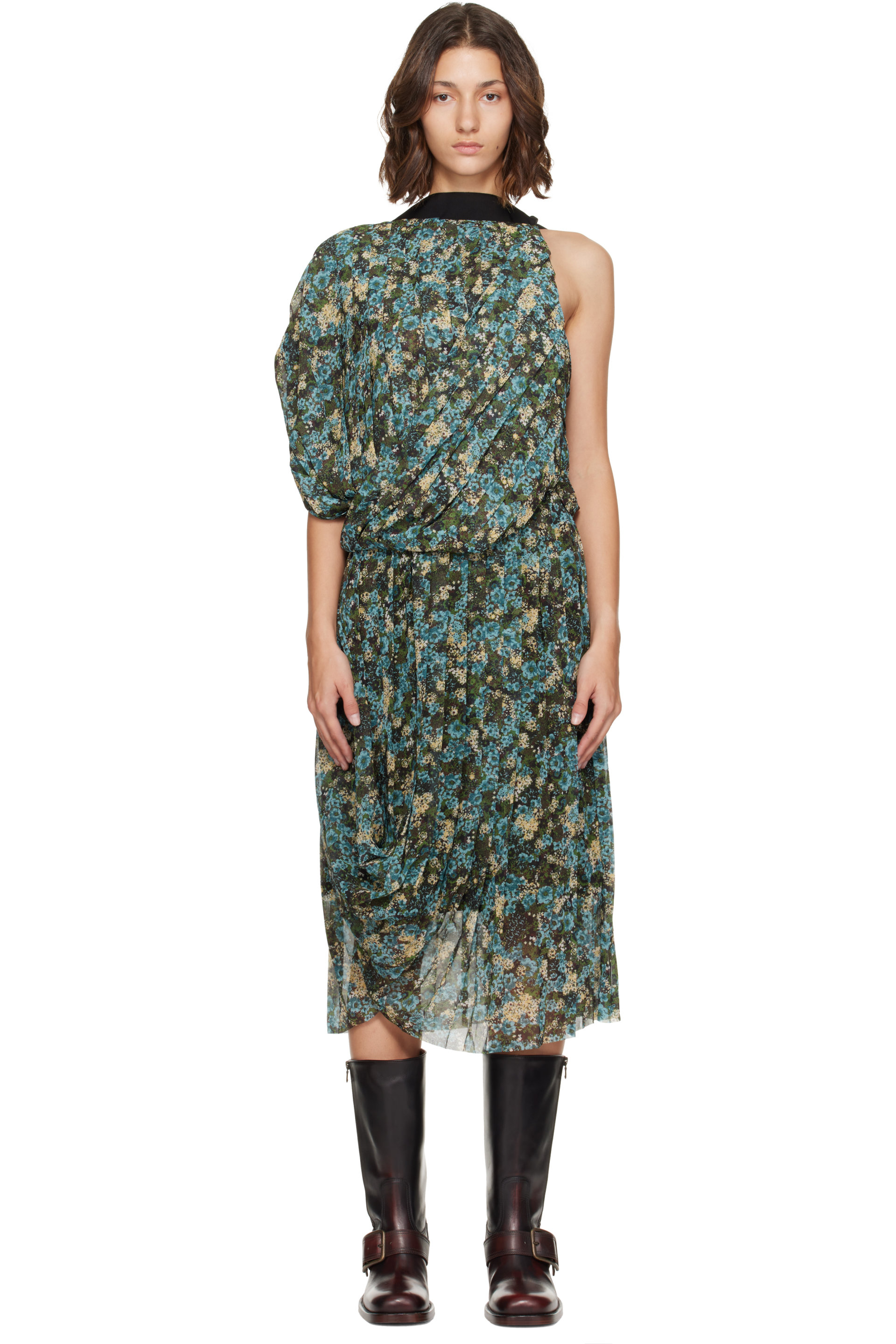 Dries Van Noten - Blue Asymmetrical Pleated Midi Dress