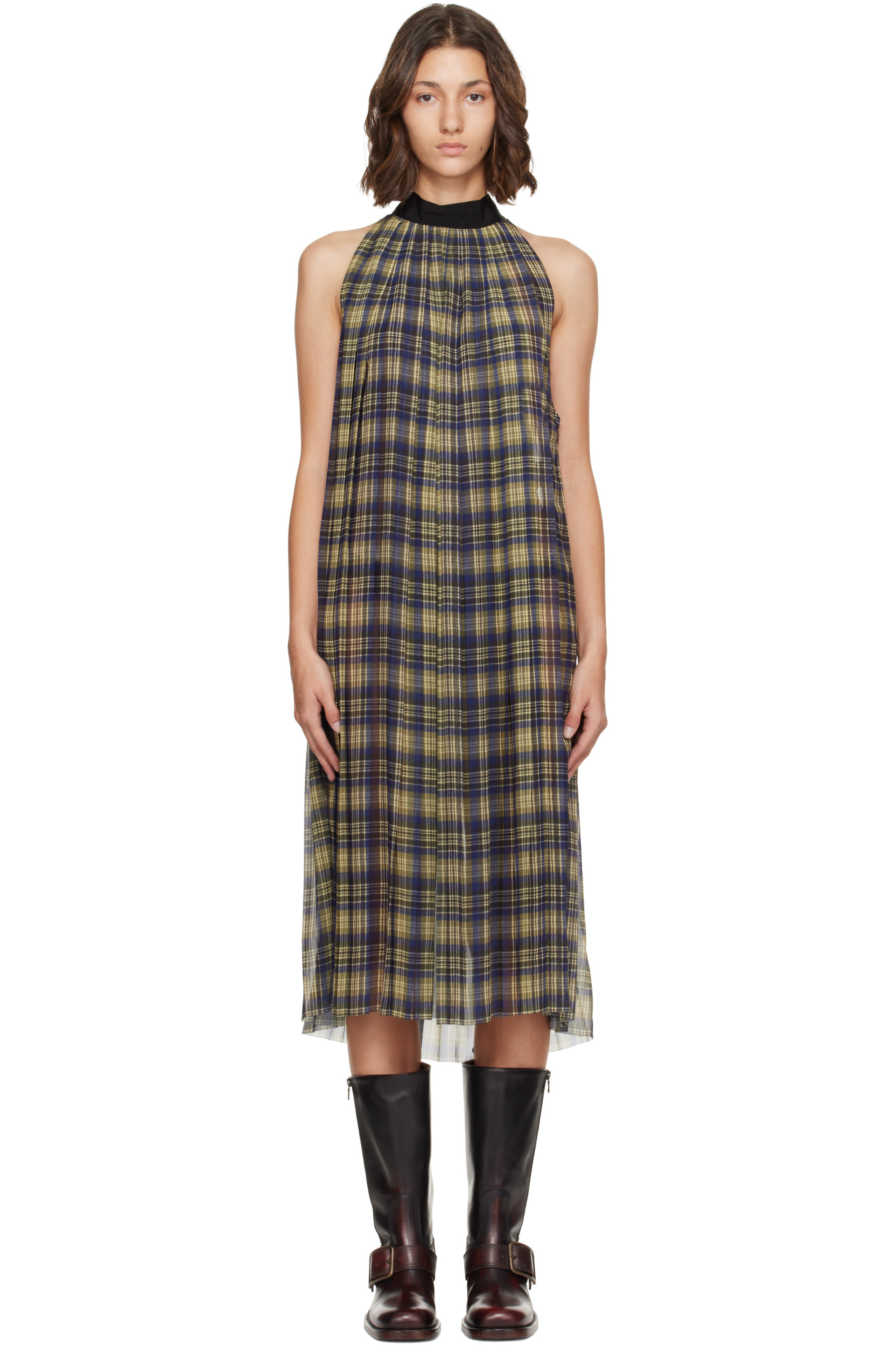Dries Van Noten - Blue & Green Pleated Check Chiffon Midi Dress