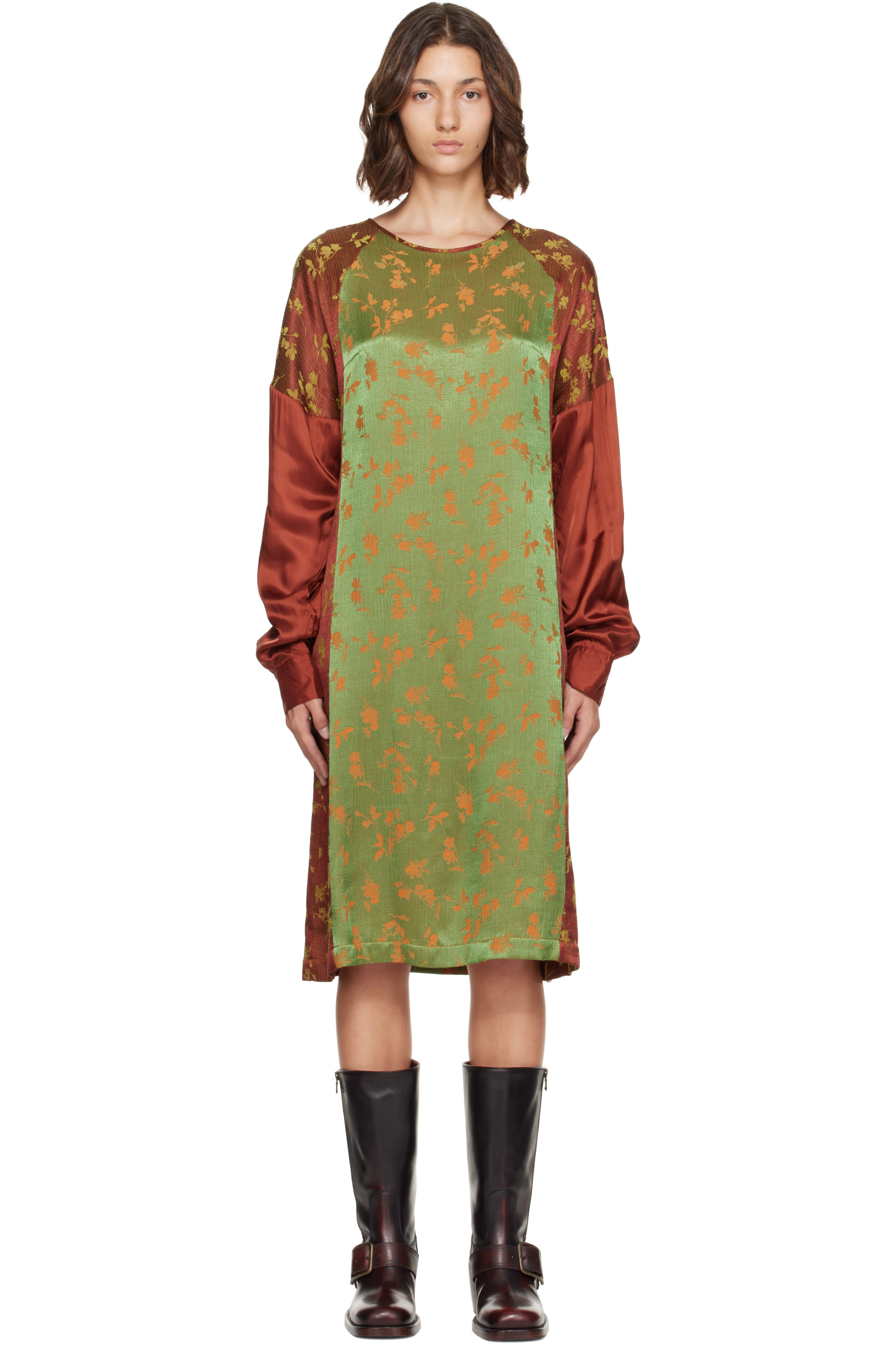 Dries Van Noten - Orange & Green Floral Satin Midi Dress
