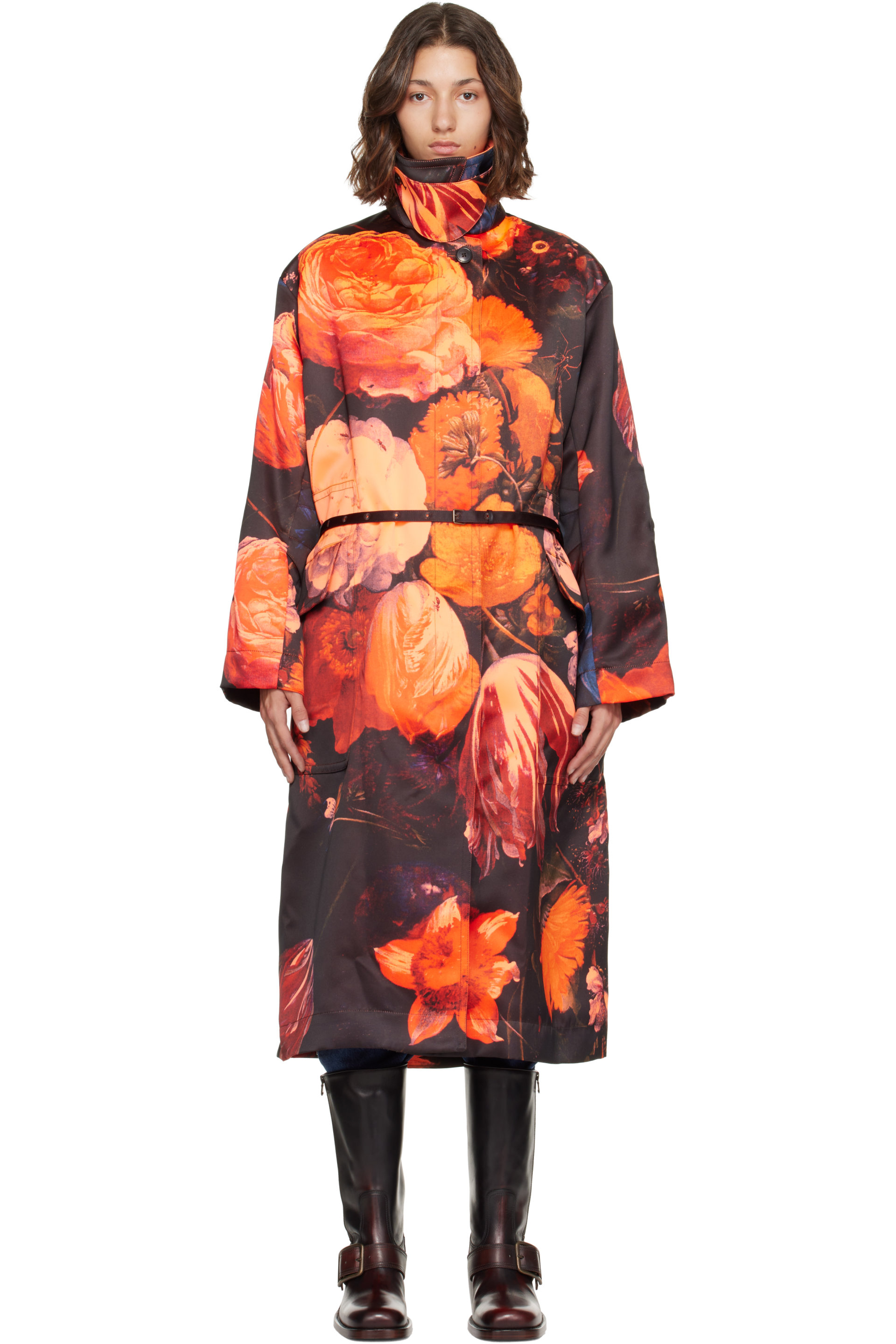 Dries Van Noten - Black & Orange Oversized Floral Coat