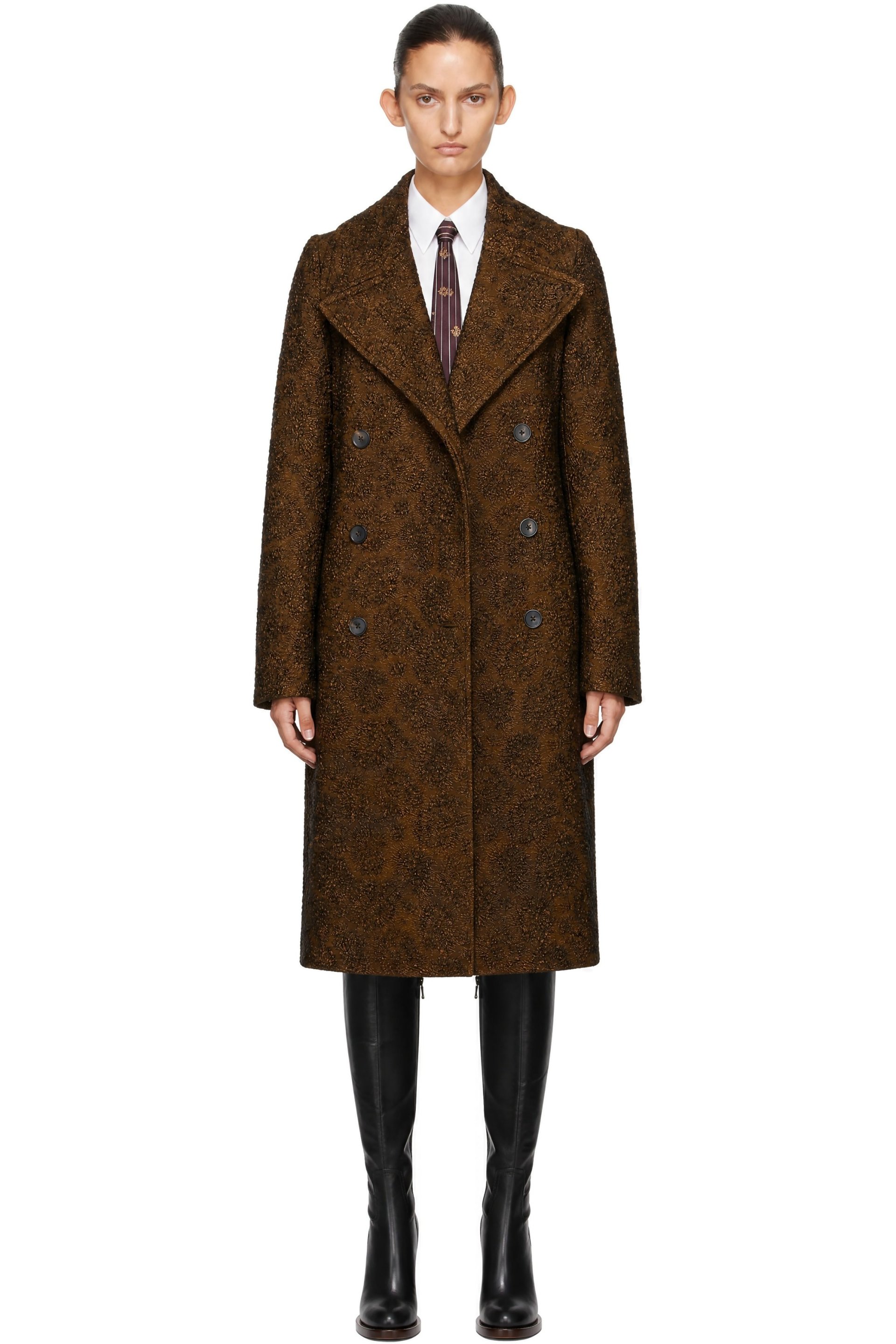 Dries Van Noten - Brown Double-Breasted Jacquard Coat