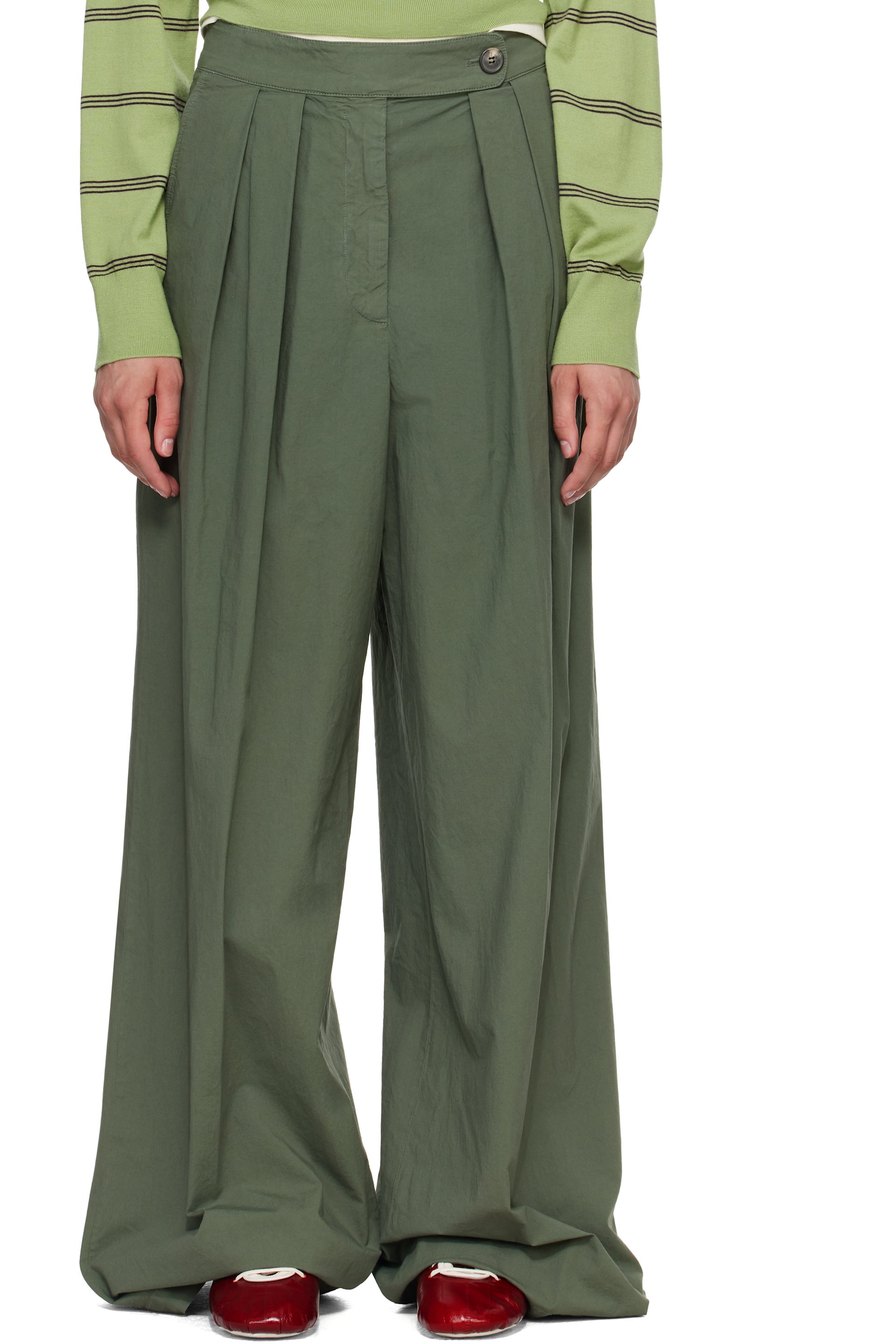 Dries Van Noten - Khaki Wide Pleated Trousers
