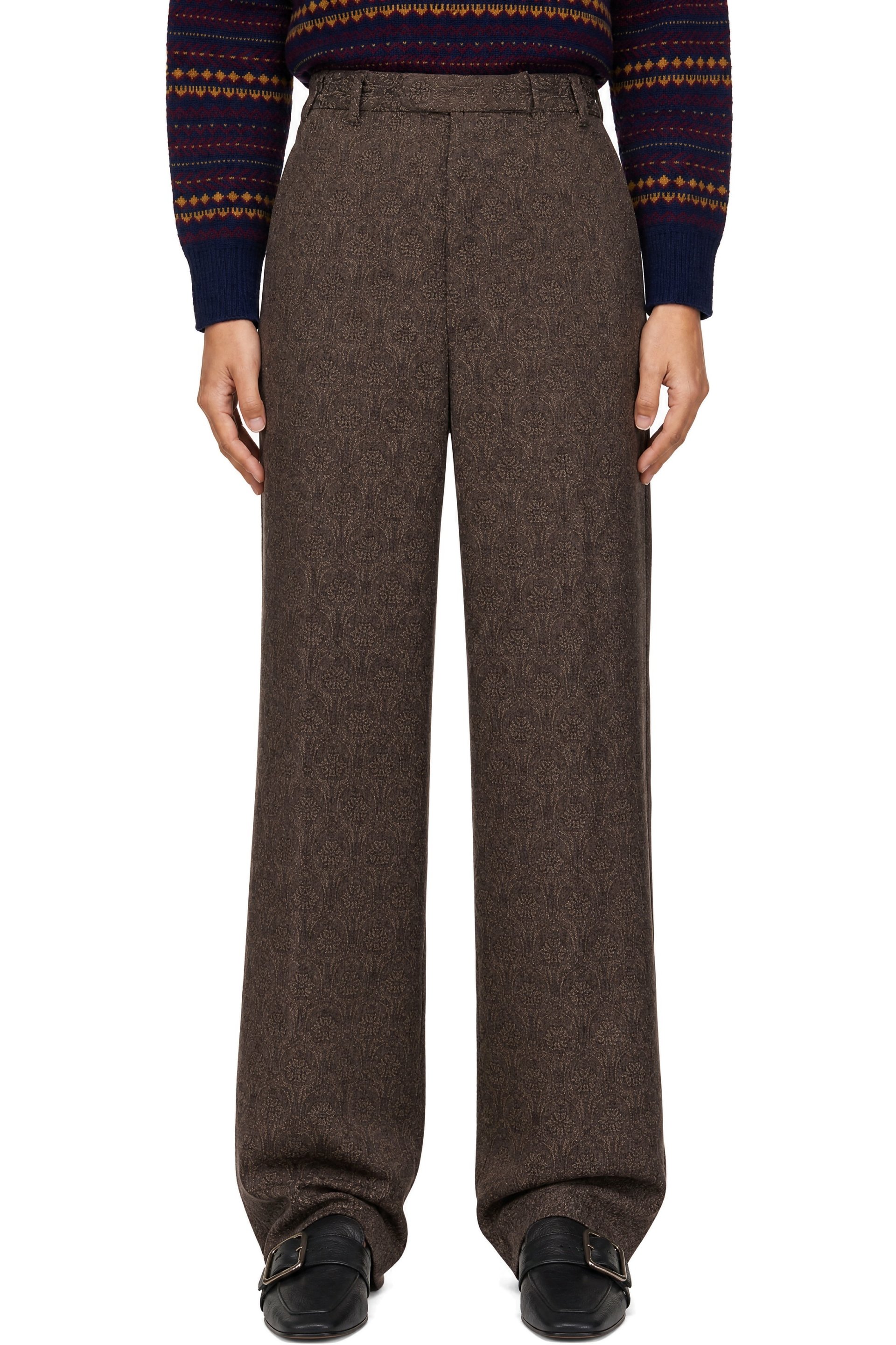 Dries Van Noten - Pantalon brun en crêpe à motif fleuri