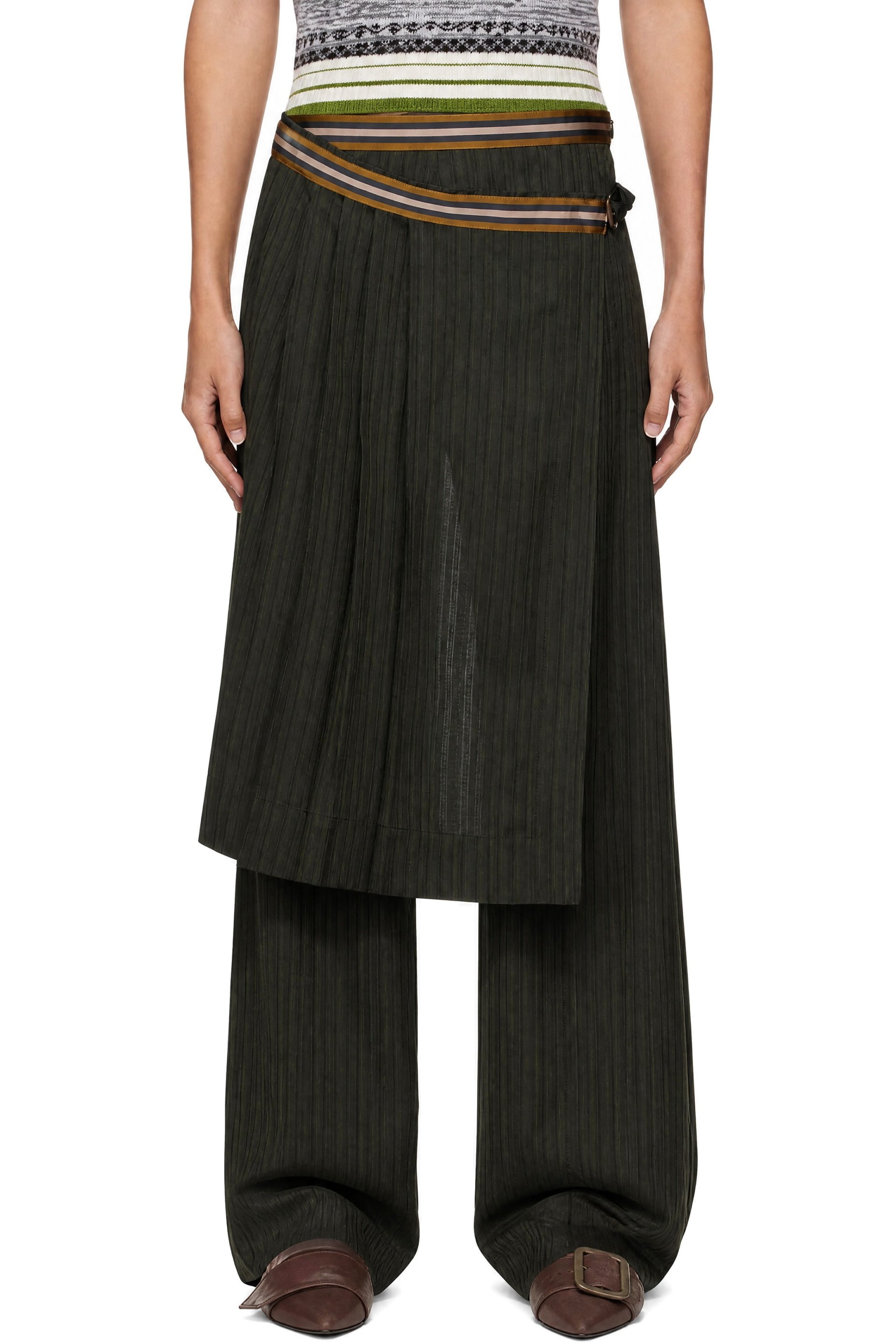 Dries Van Noten - Pantalon vert à empiècement de jupe plissé