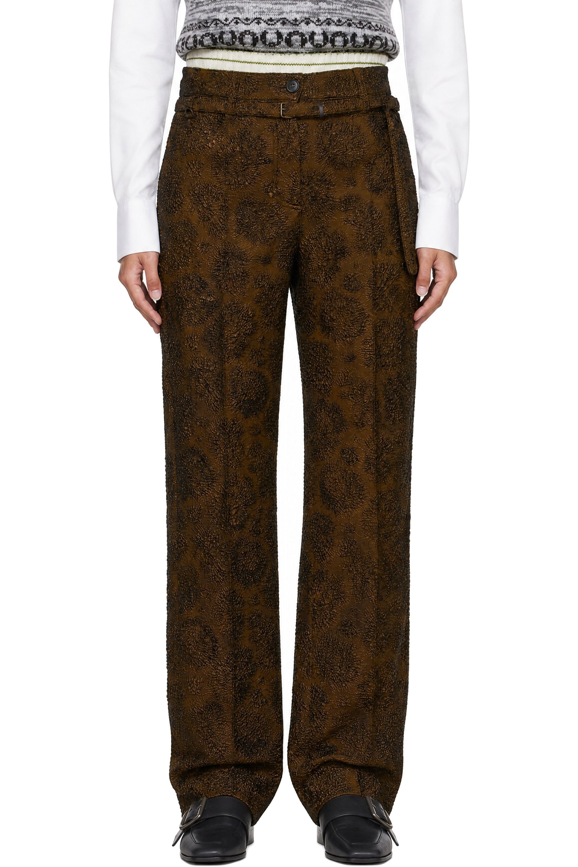Dries Van Noten - Pantalon ajusté brun en jacquard
