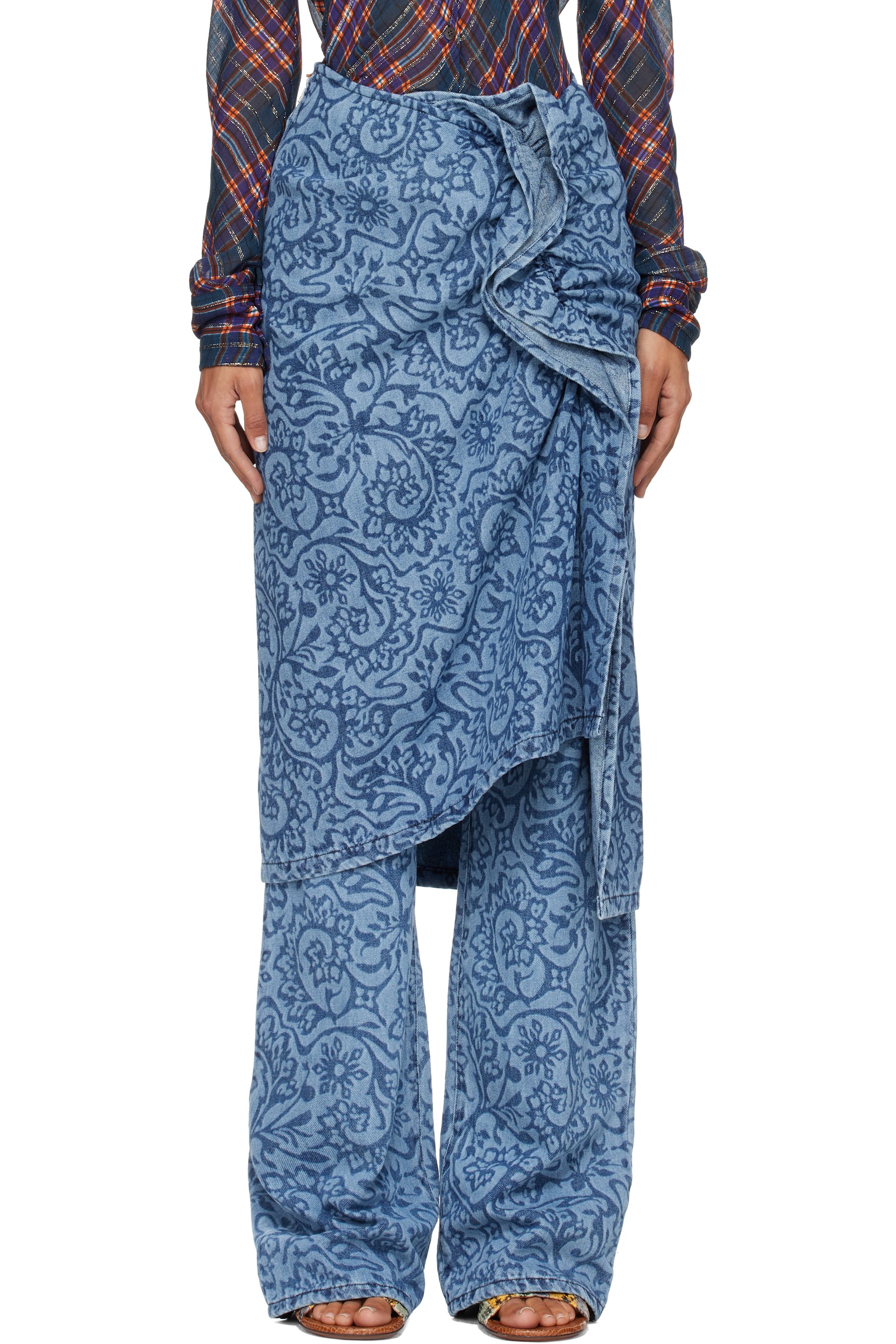 Dries Van Noten - Blue Floral Denim Midi Skirt