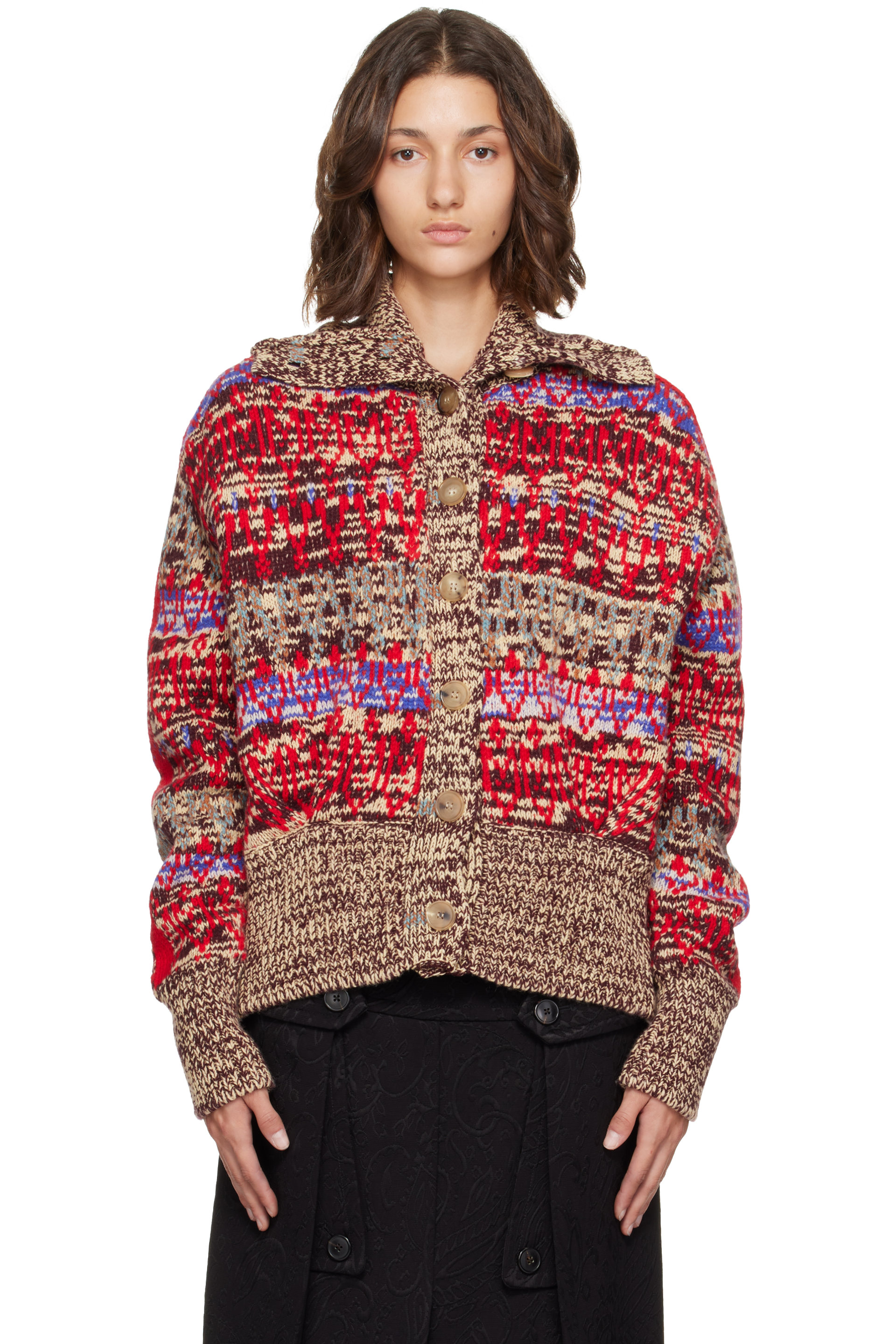 Dries Van Noten - Beige & Red Jacquard Wool Cardigan