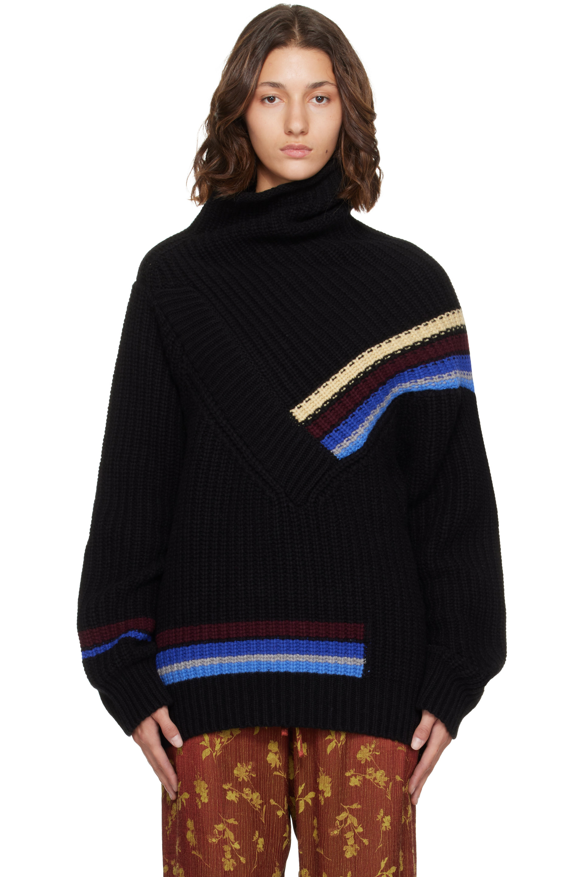 Dries Van Noten - Black Asymmetric Stripe Turtleneck