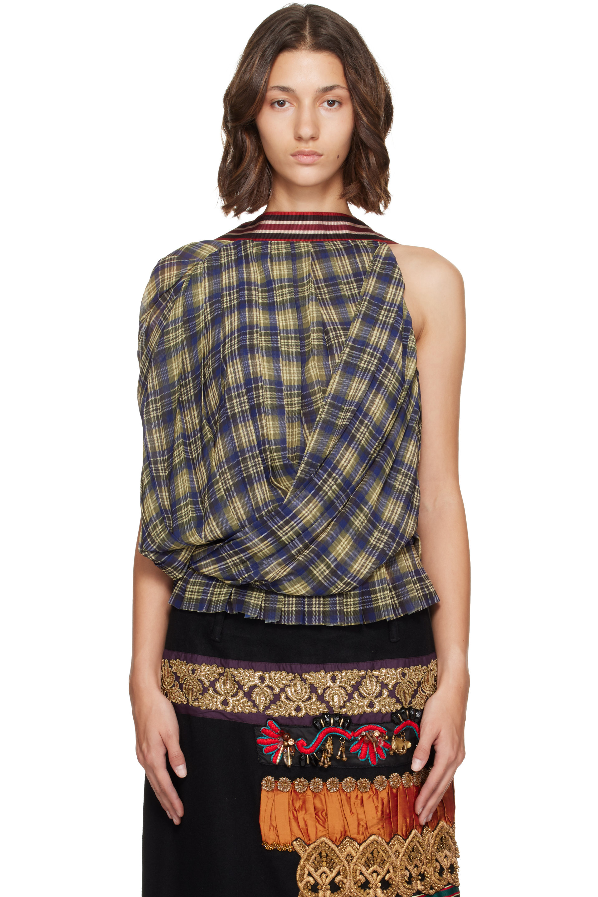 Dries Van Noten - Blue & Green Draped Pleated Top