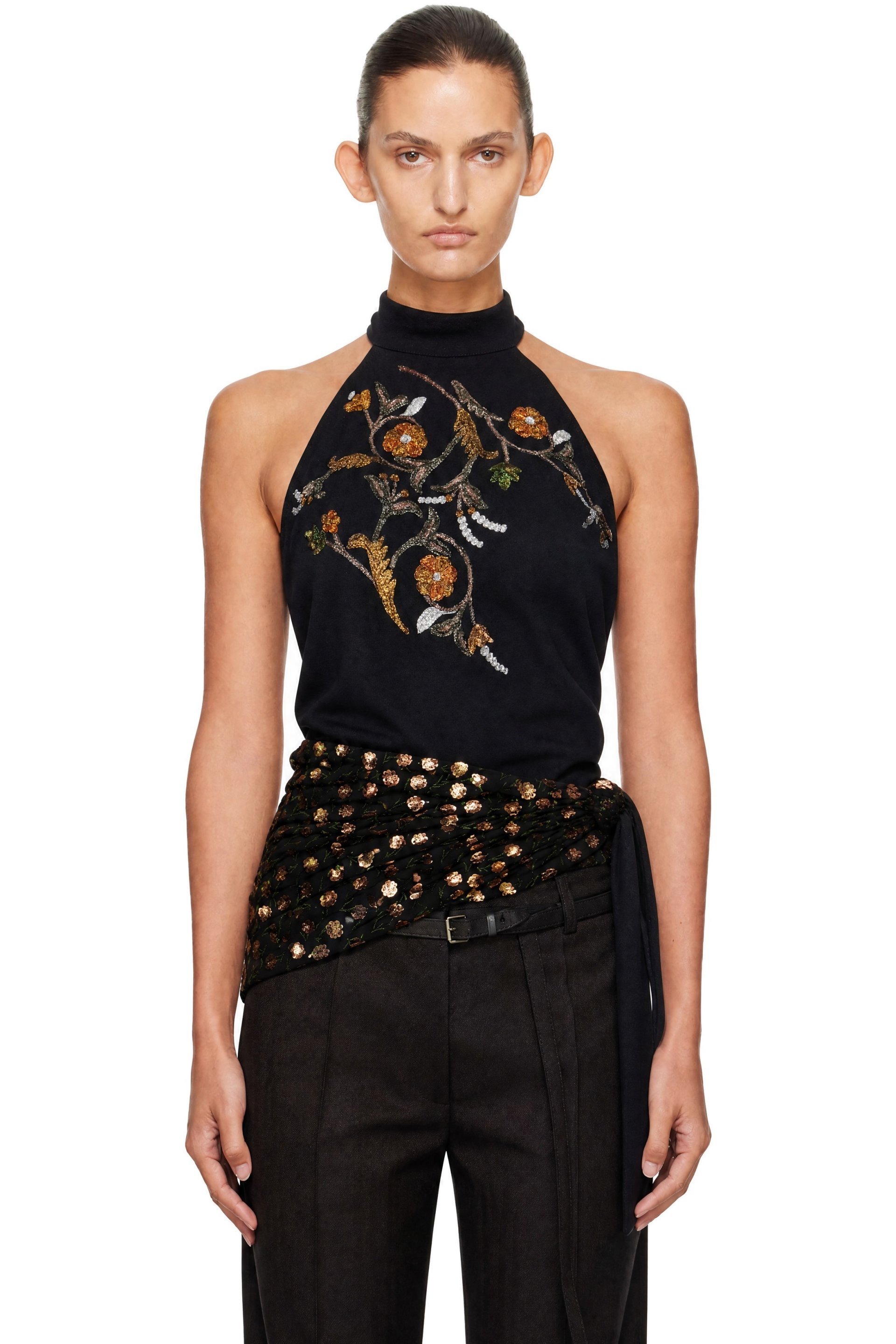 Dries Van Noten - Chemisier cache-cœur noir à corsage bain de soleil et à paillettes