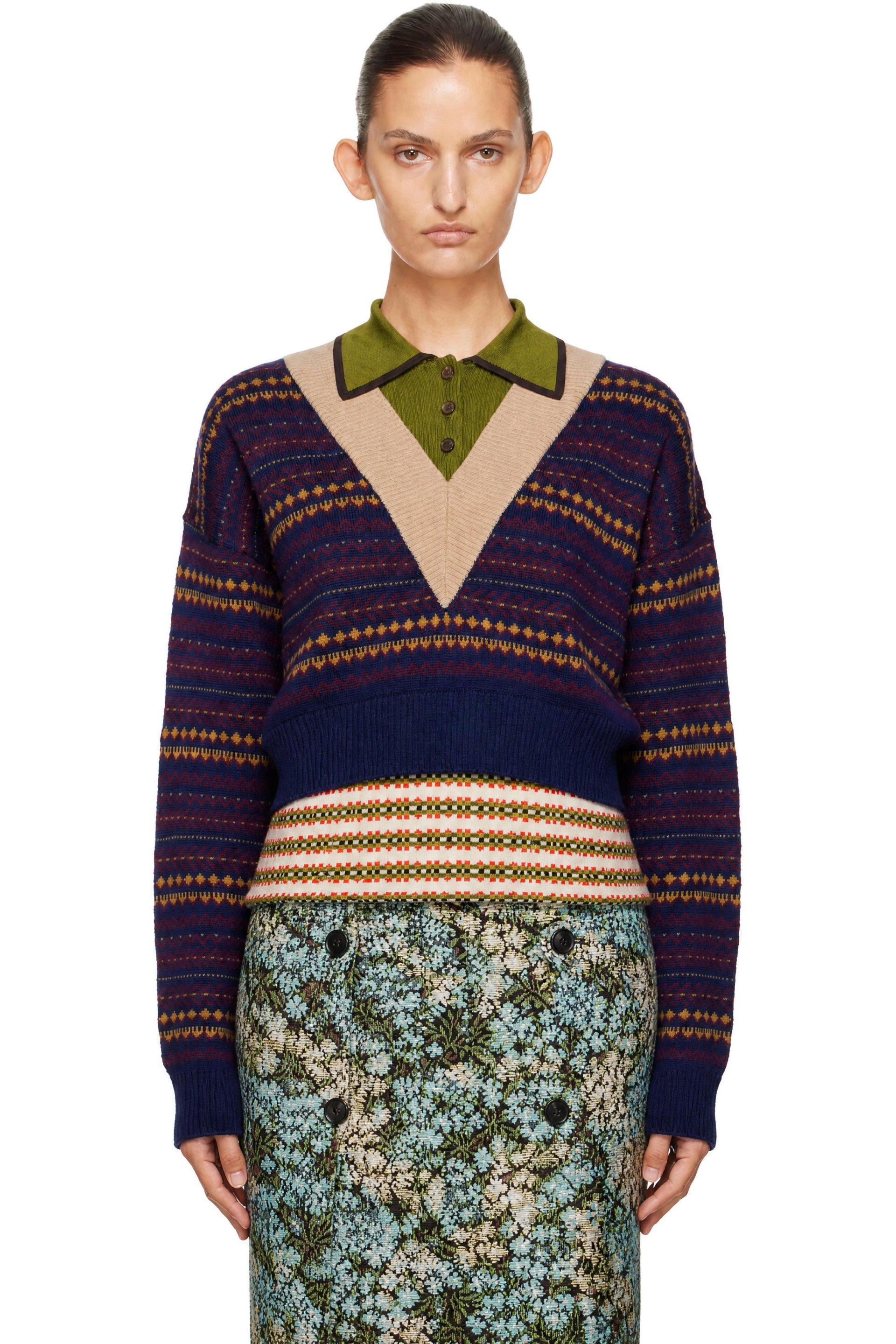 Dries Van Noten - Pull droit bleu marine et vert en laine