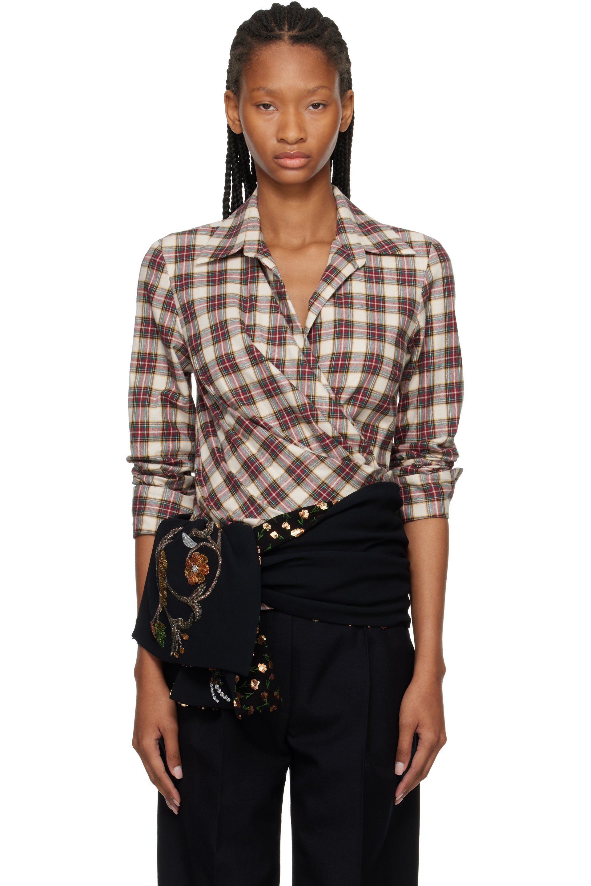 Dries Van Noten - Off-White & Red Fitted Flannel Wrap Shirt