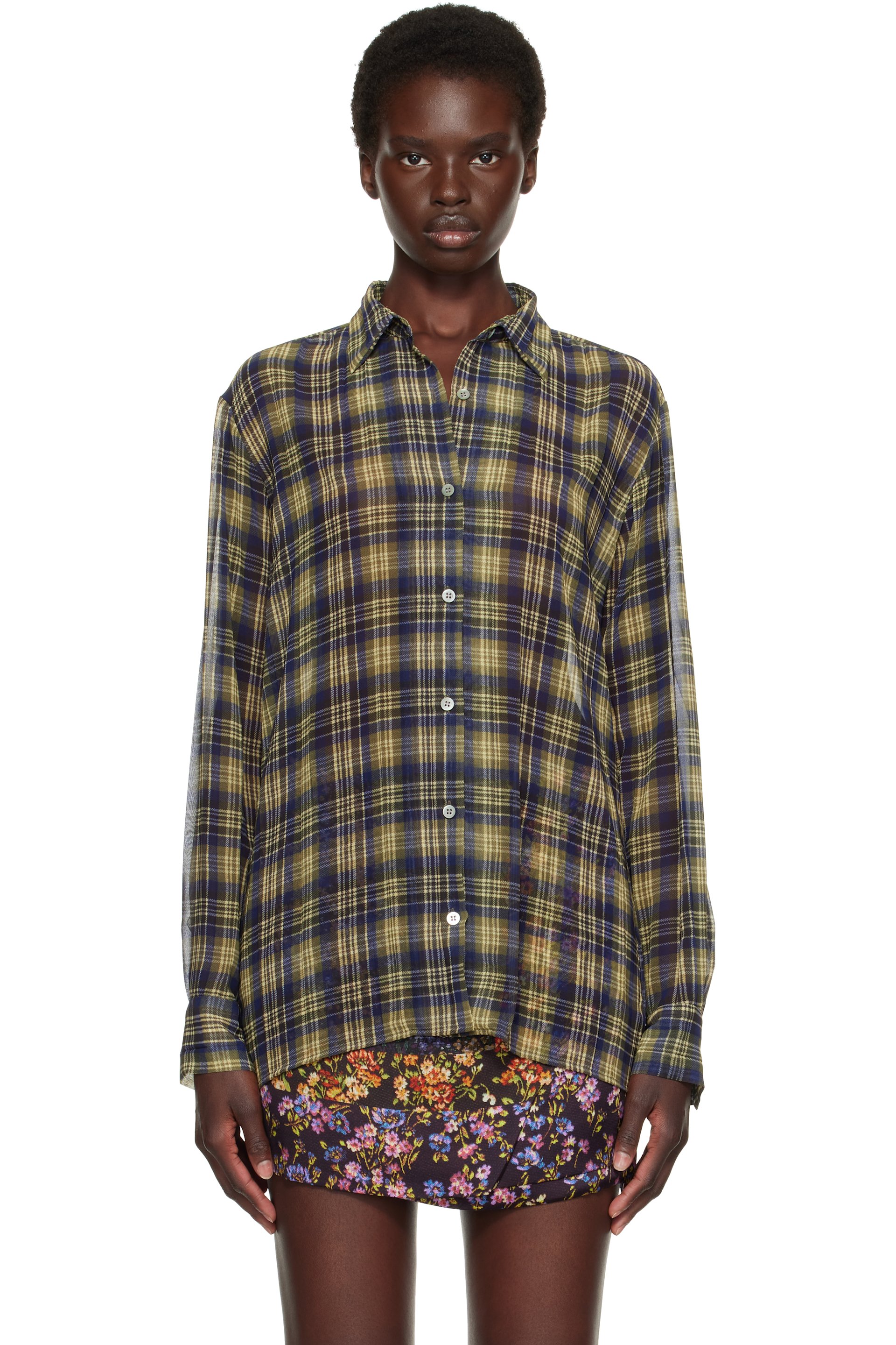 Dries Van Noten - Khaki & Navy Pleated Shirt
