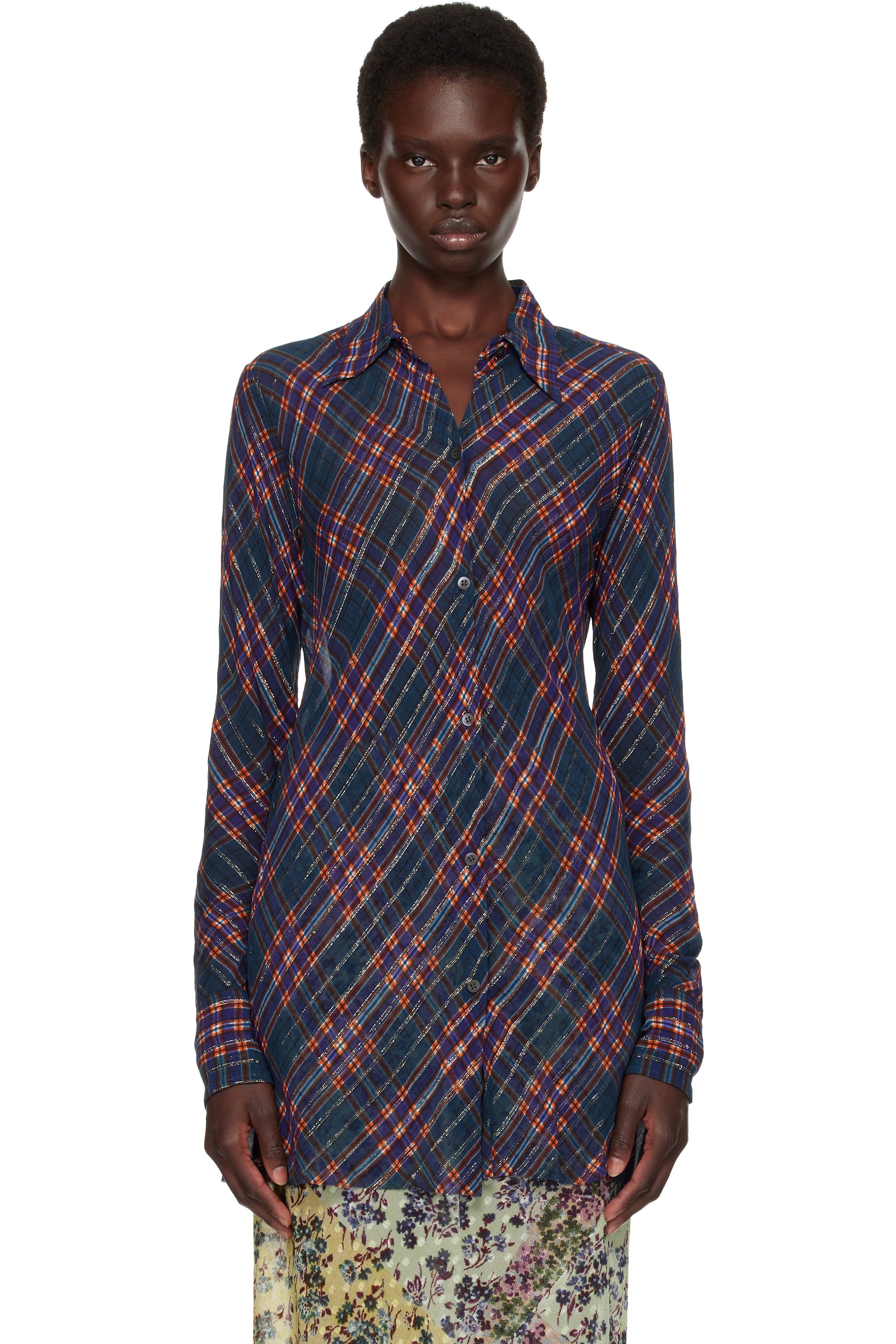 Dries Van Noten - Navy & Red Fitted Lurex Shirt