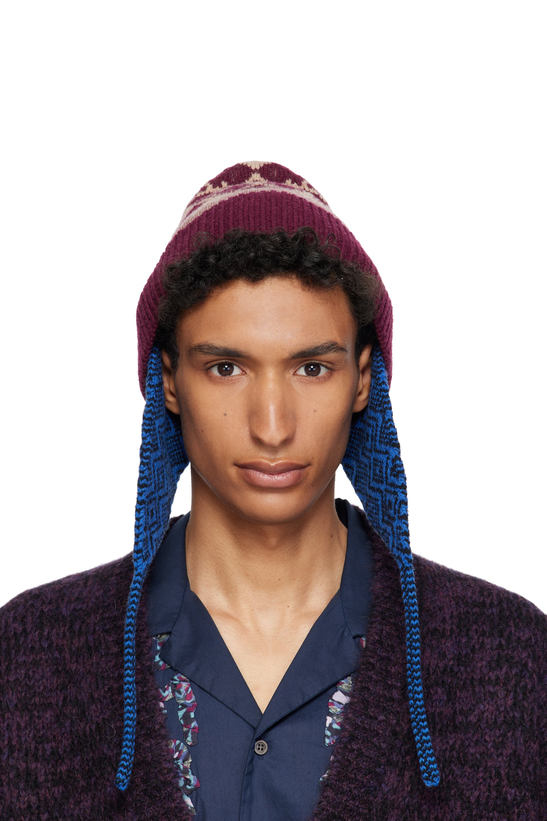 Dries Van Noten - Burgundy & Blue Jacquard Wool Beanie