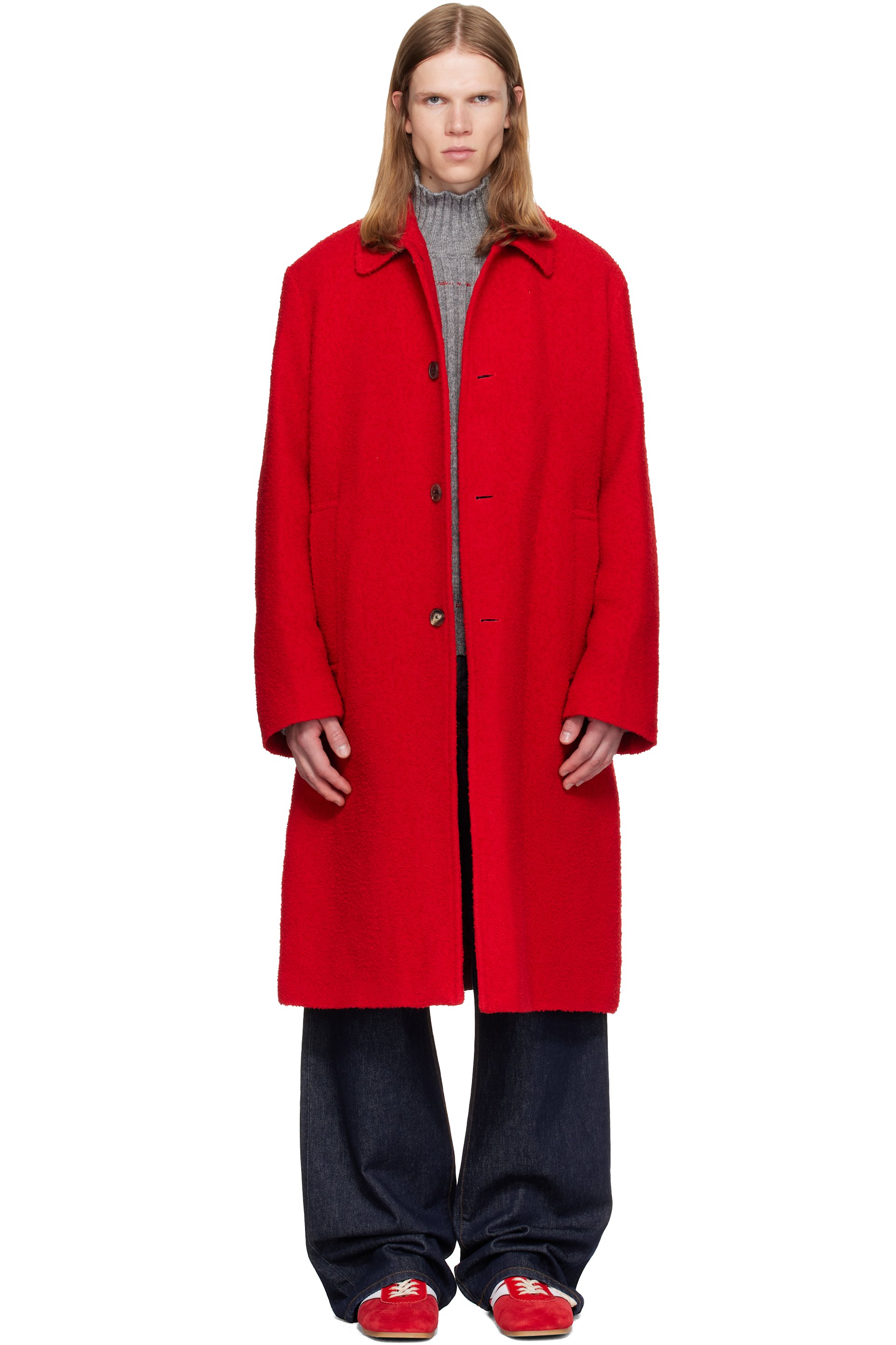 Dries Van Noten - Red Wool Bouclé Coat