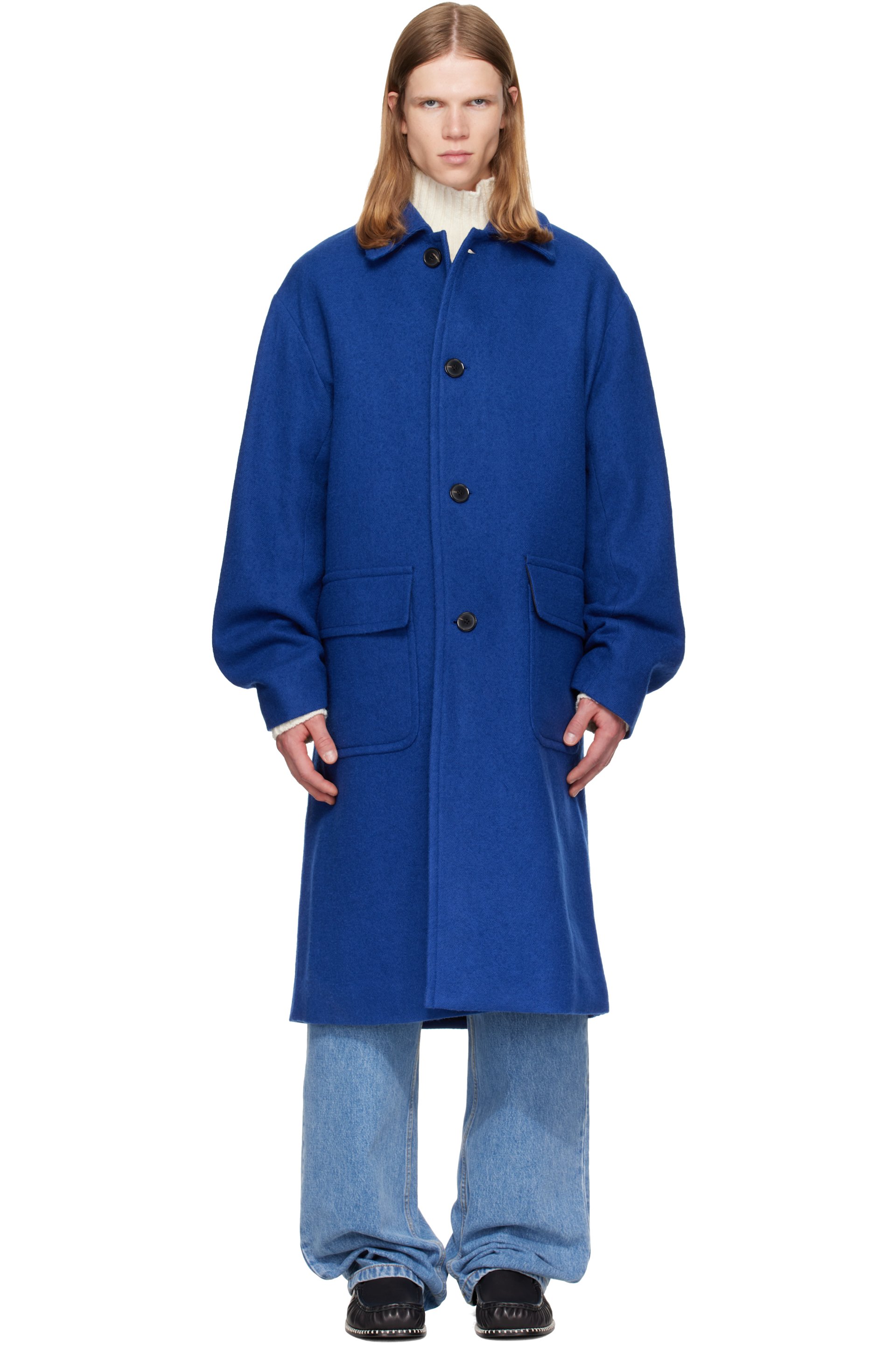 Dries Van Noten - Blue Single-Breasted Wool Coat