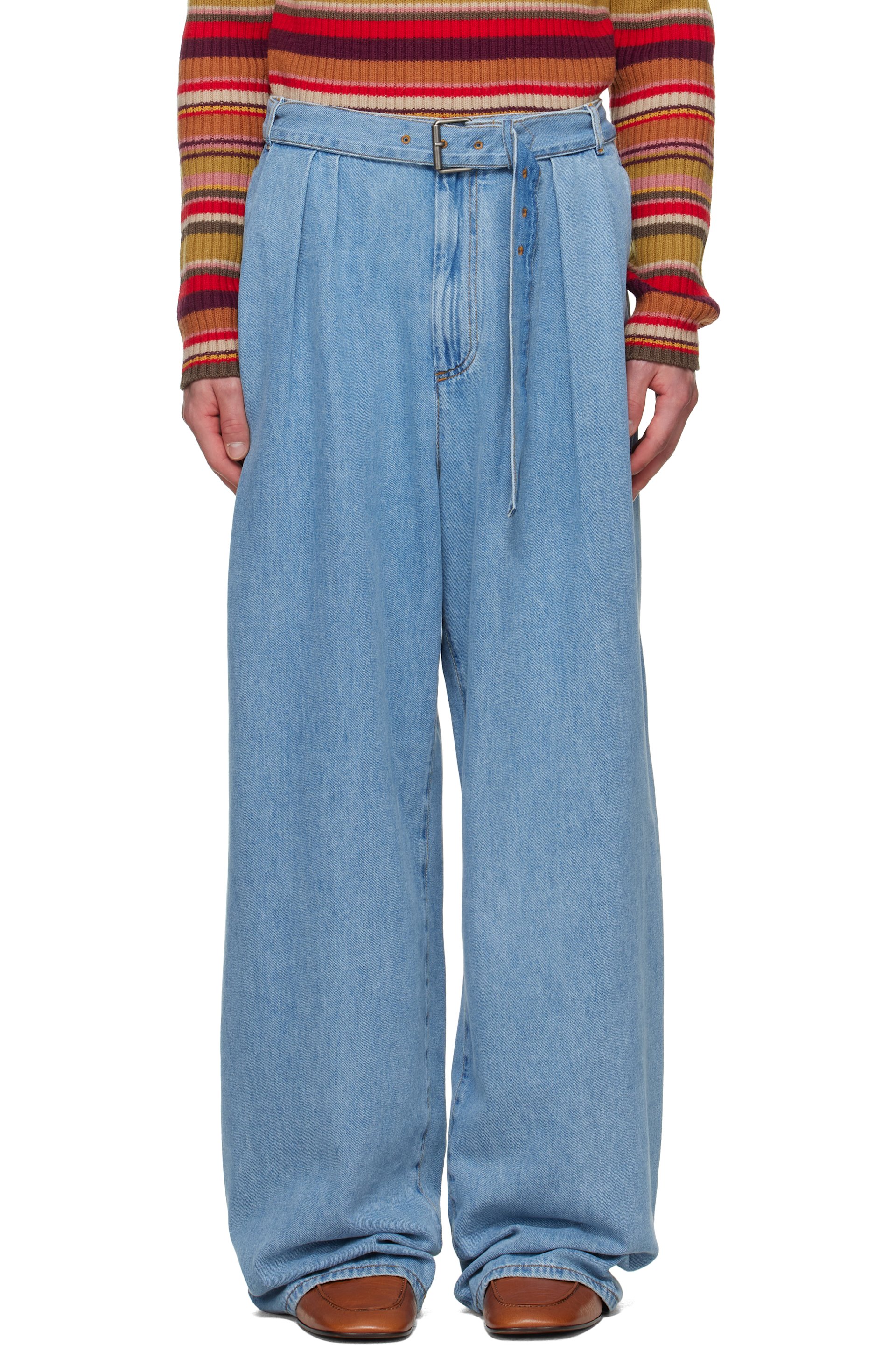 Dries Van Noten - Jean bleu à ceinture et à plis