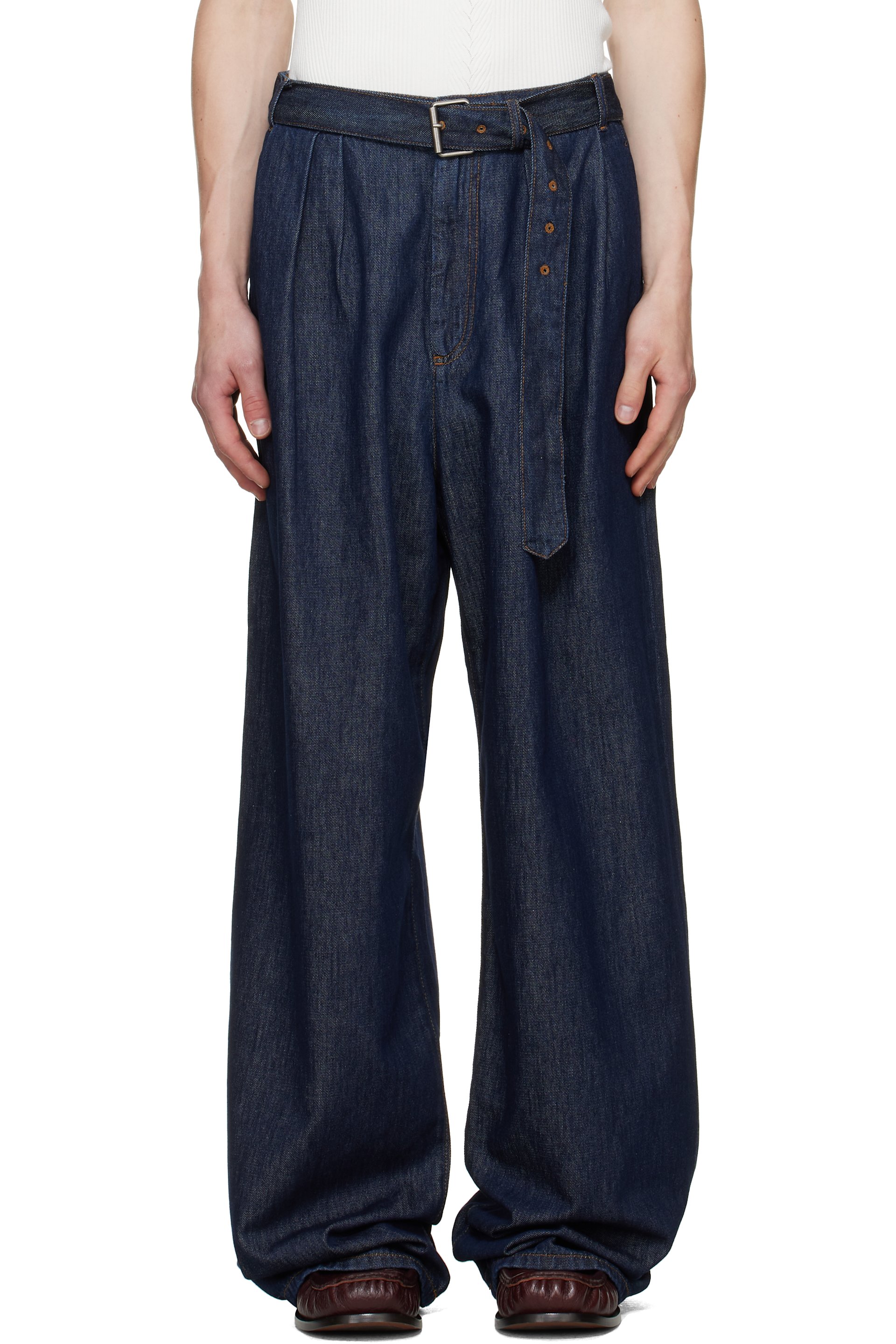 Dries Van Noten - Jean bleu marine à plis et à ceinture