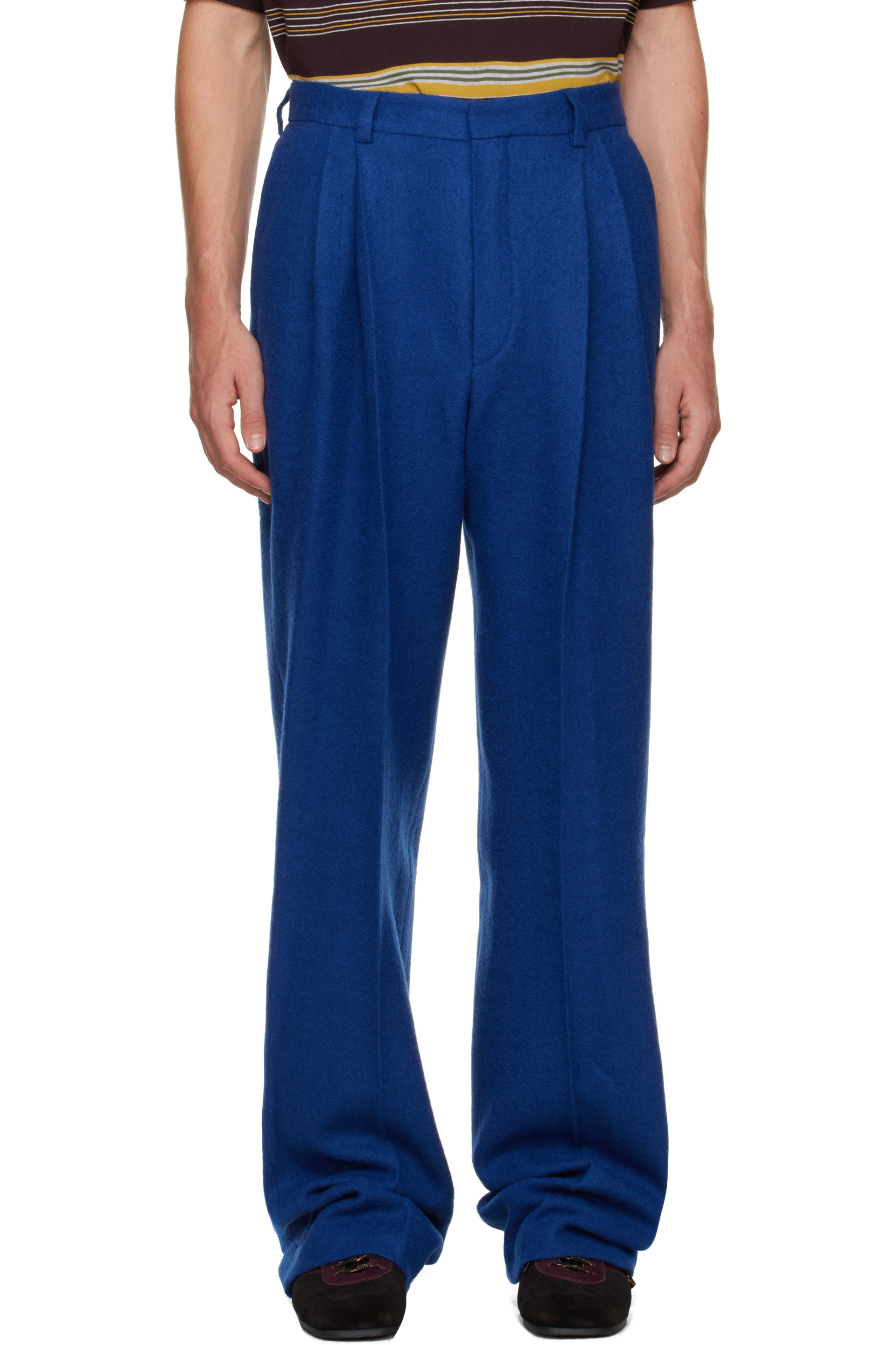 Dries Van Noten - Pantalon droit bleu en laine à plis