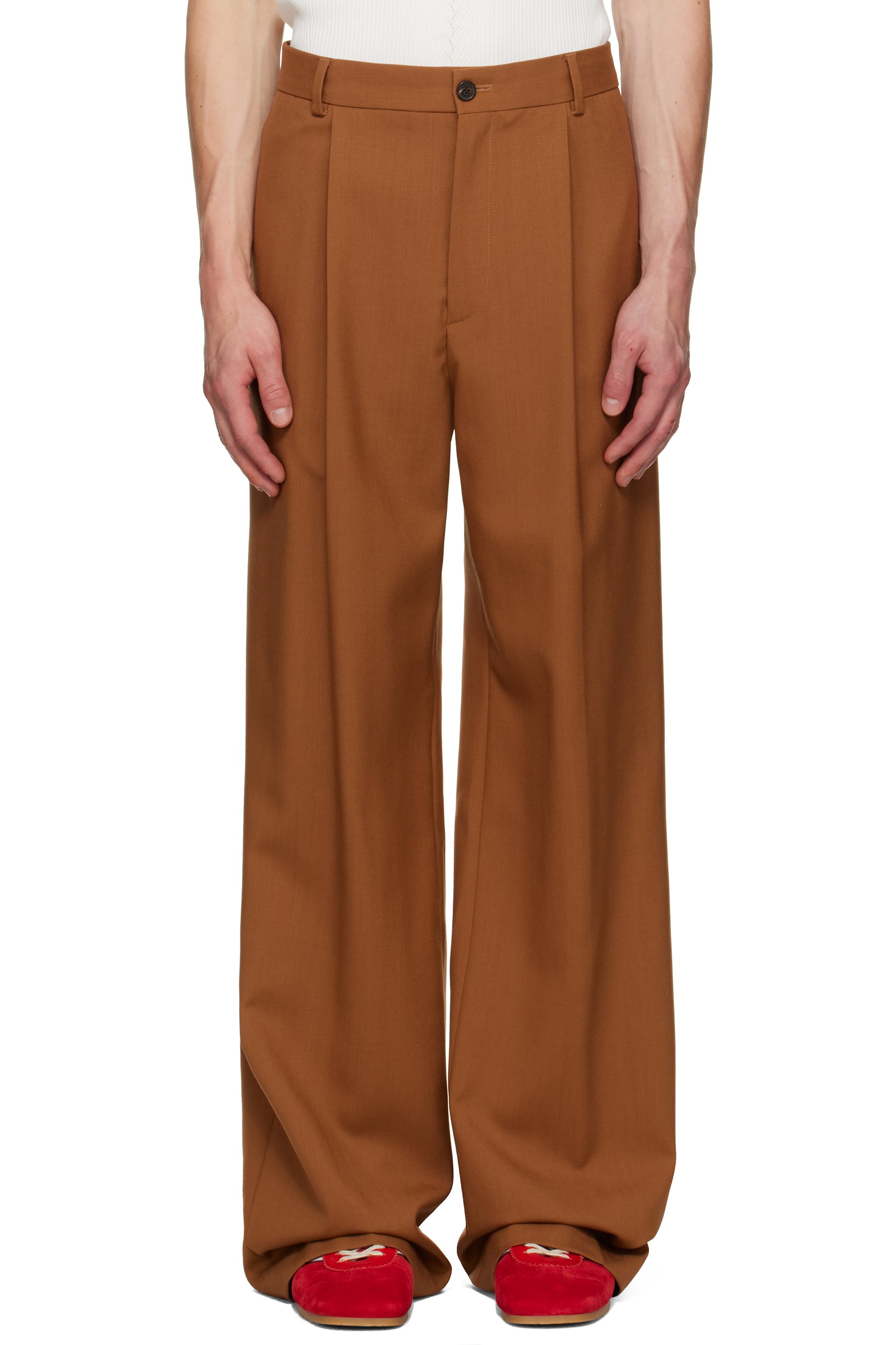 Dries Van Noten - Pantalon brun clair en laine à plis