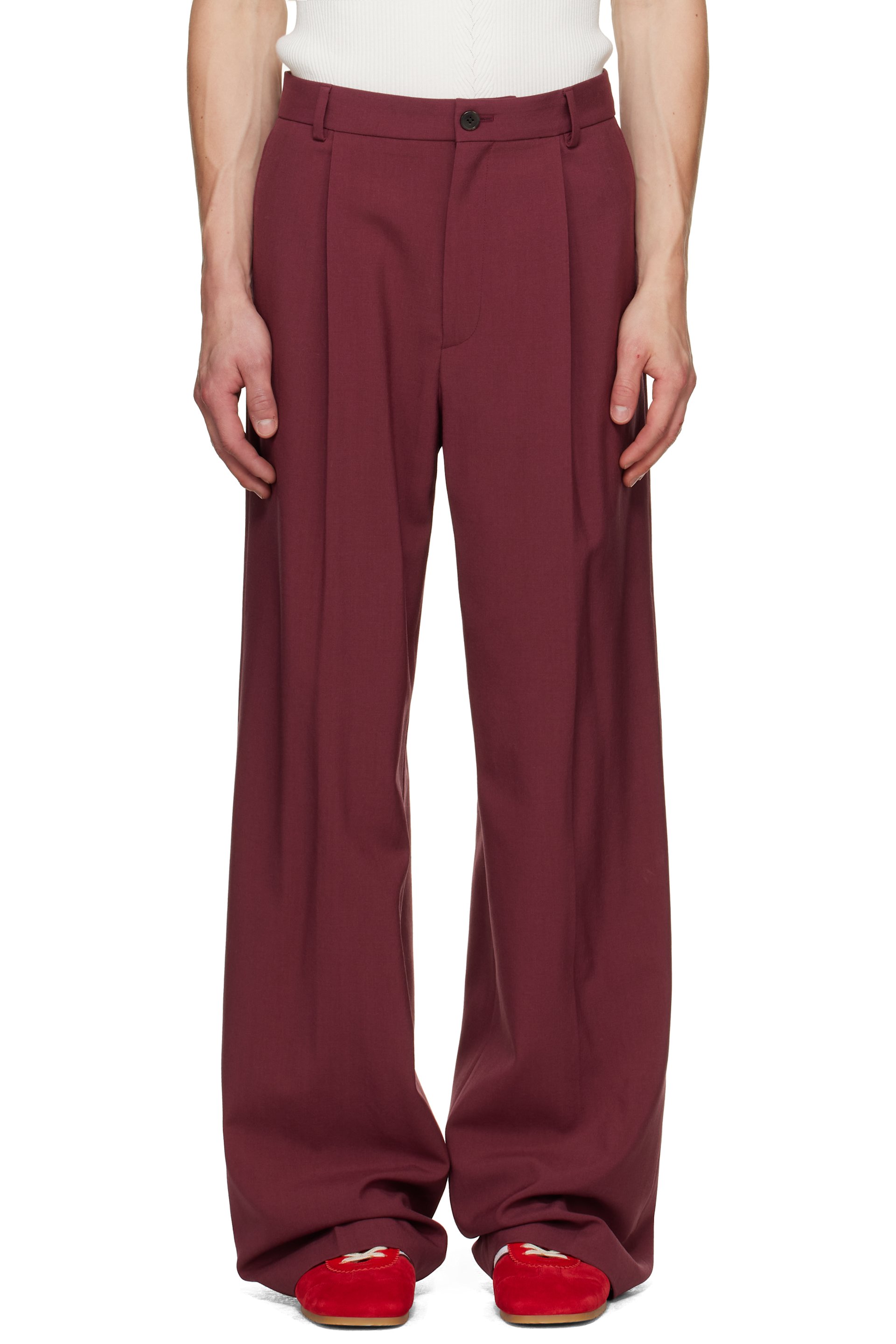 Dries Van Noten - Pantalon bourgogne en laine à plis