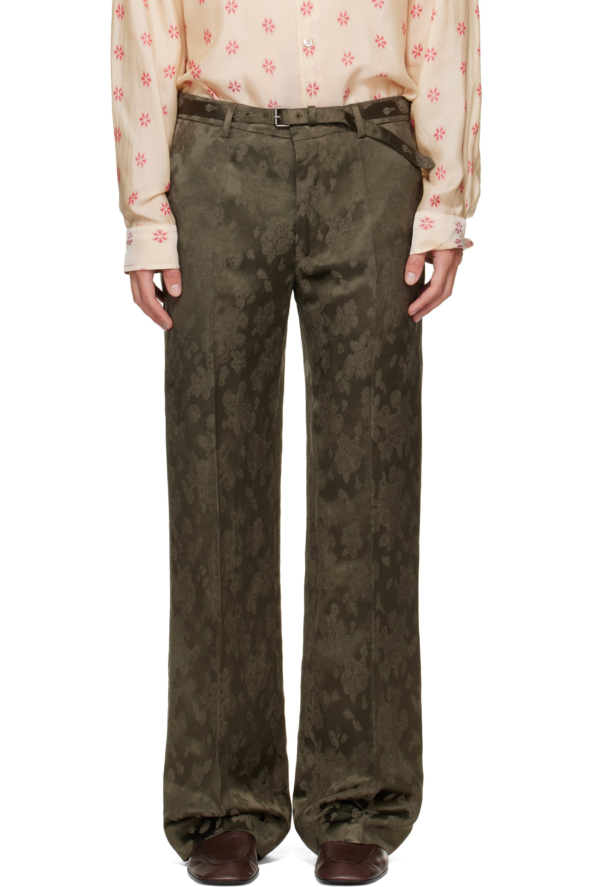 Dries Van Noten - Khaki Belted Floral Jacquard Trousers