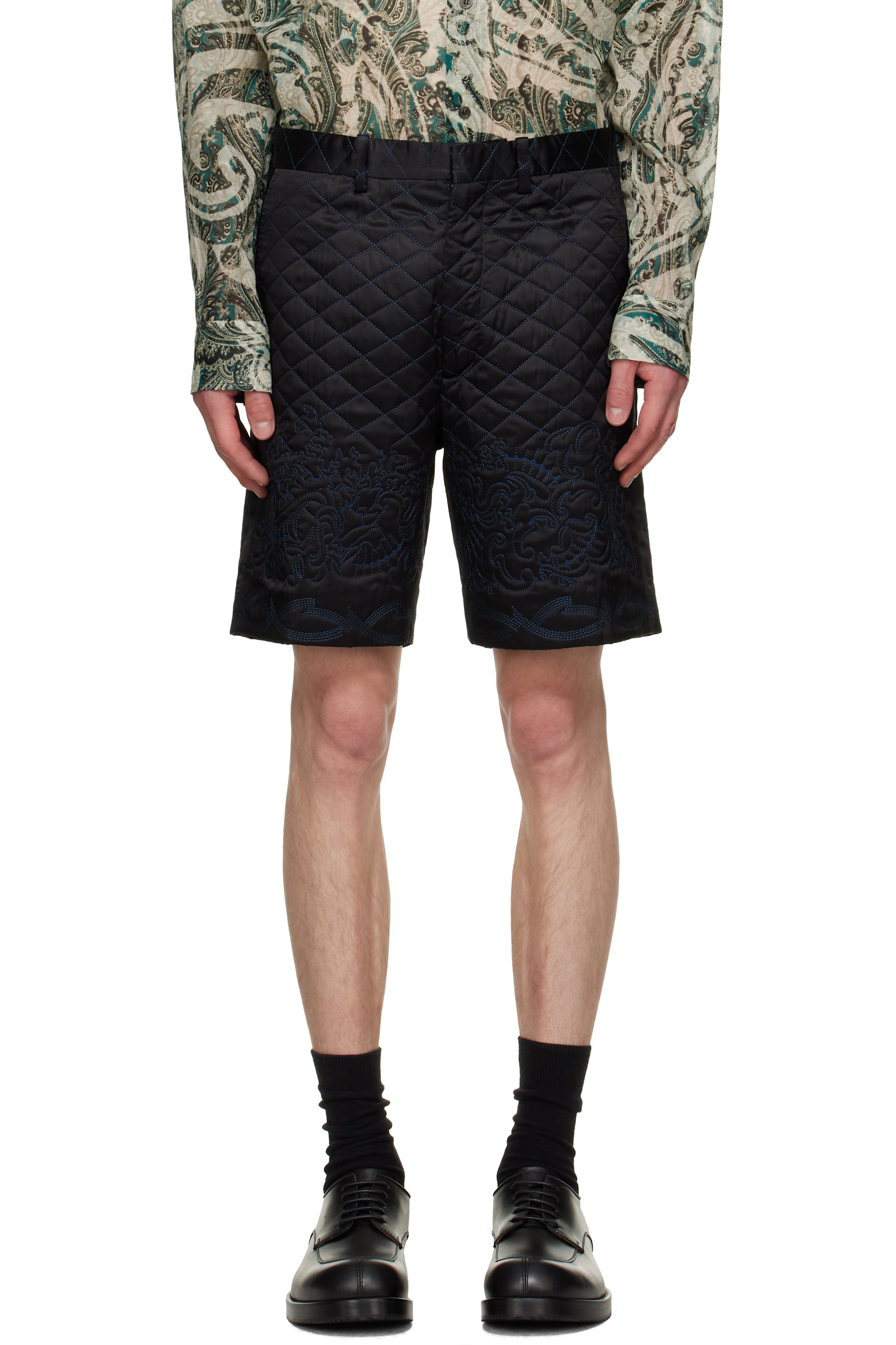 Dries Van Noten - Short matelassé noir en soie exclusif à SSENSE
