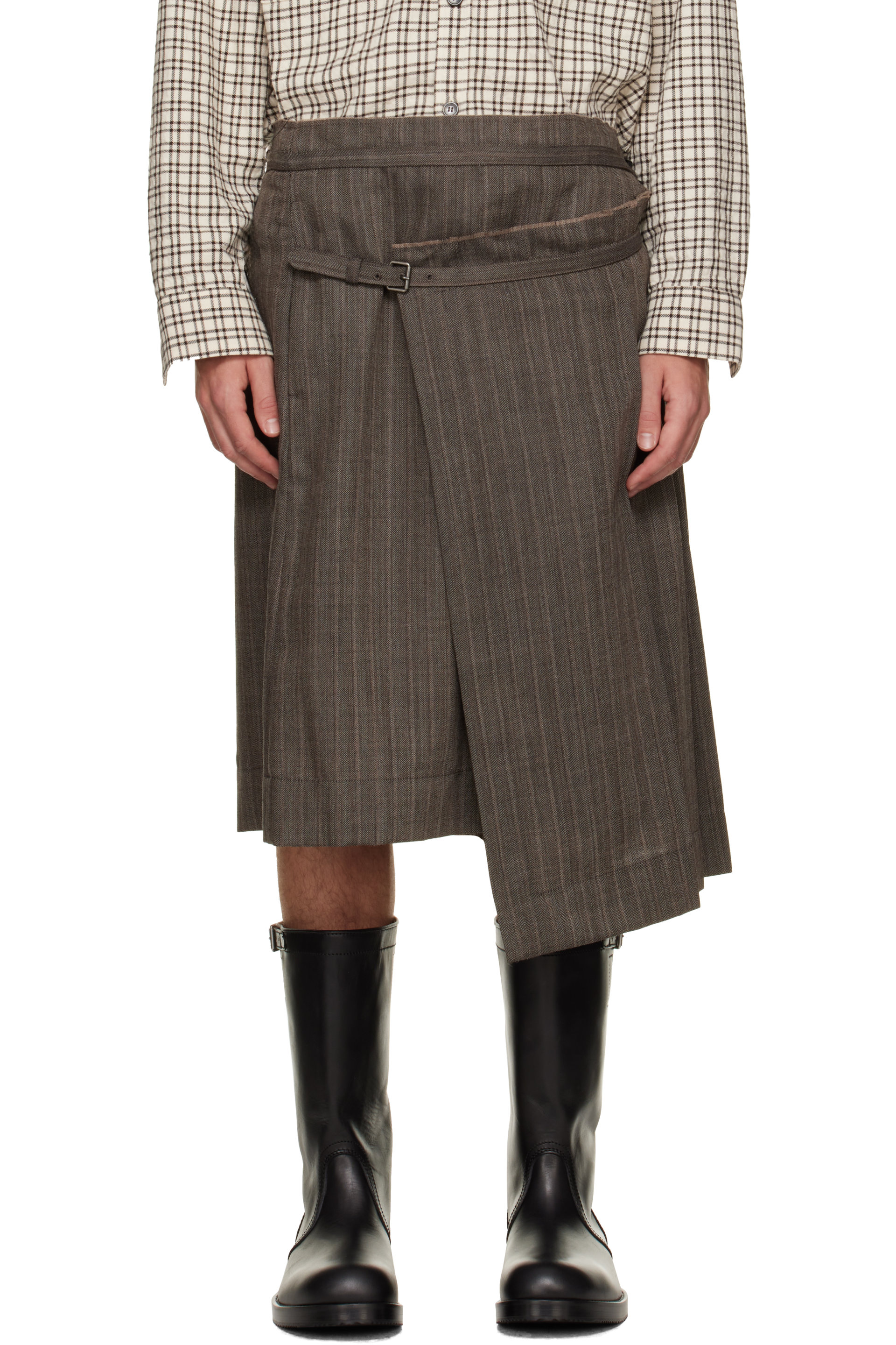 Dries Van Noten - Kilt taupe en laine à plis