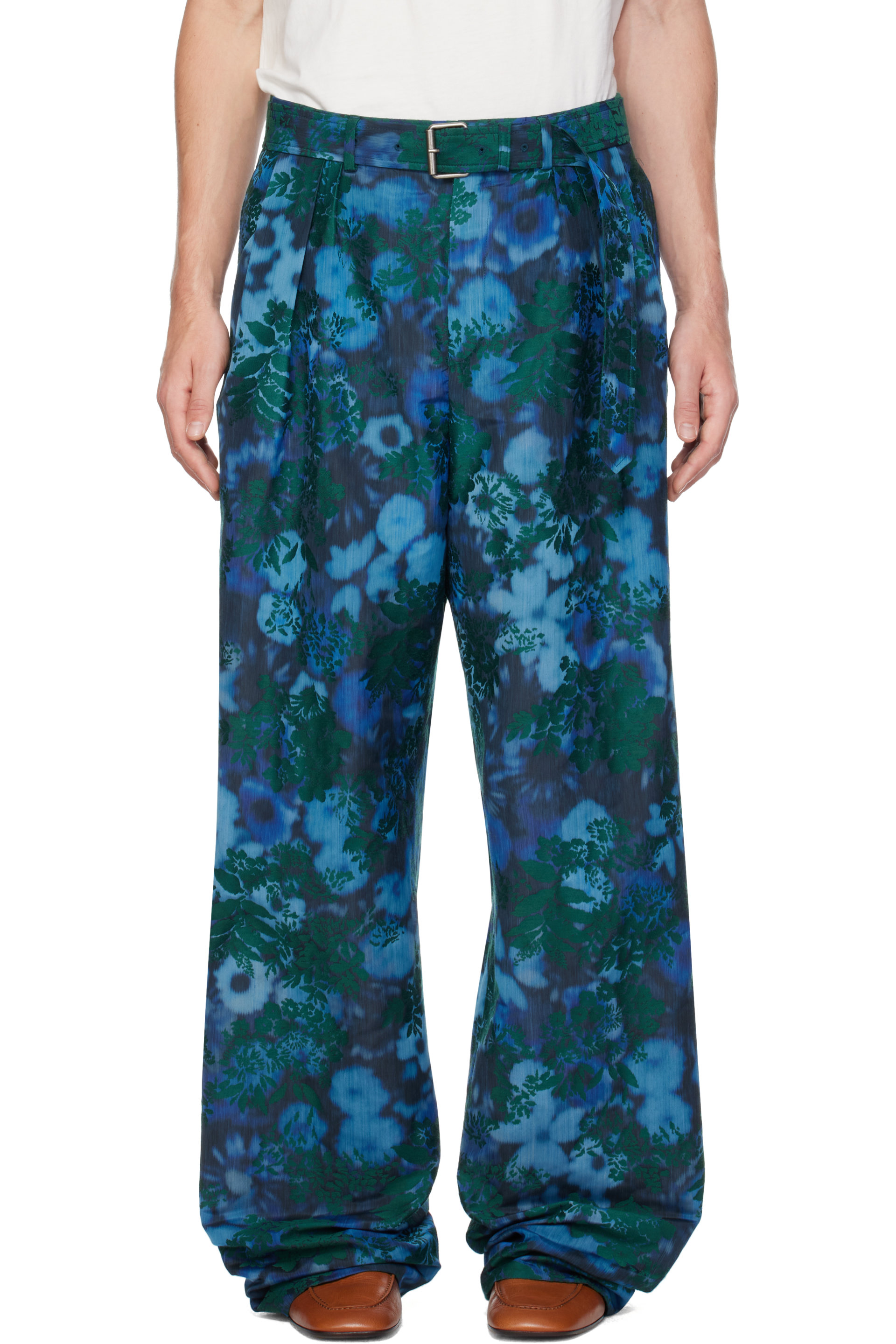 Dries Van Noten - Blue Belted Jacquard Trousers