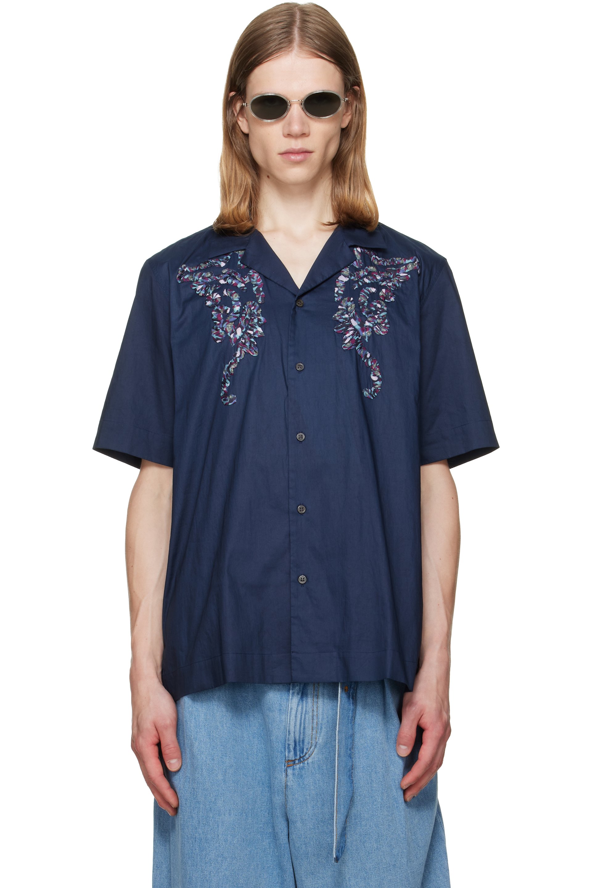 Dries Van Noten - Chemise bleu marine en coton à appliqués graphiques