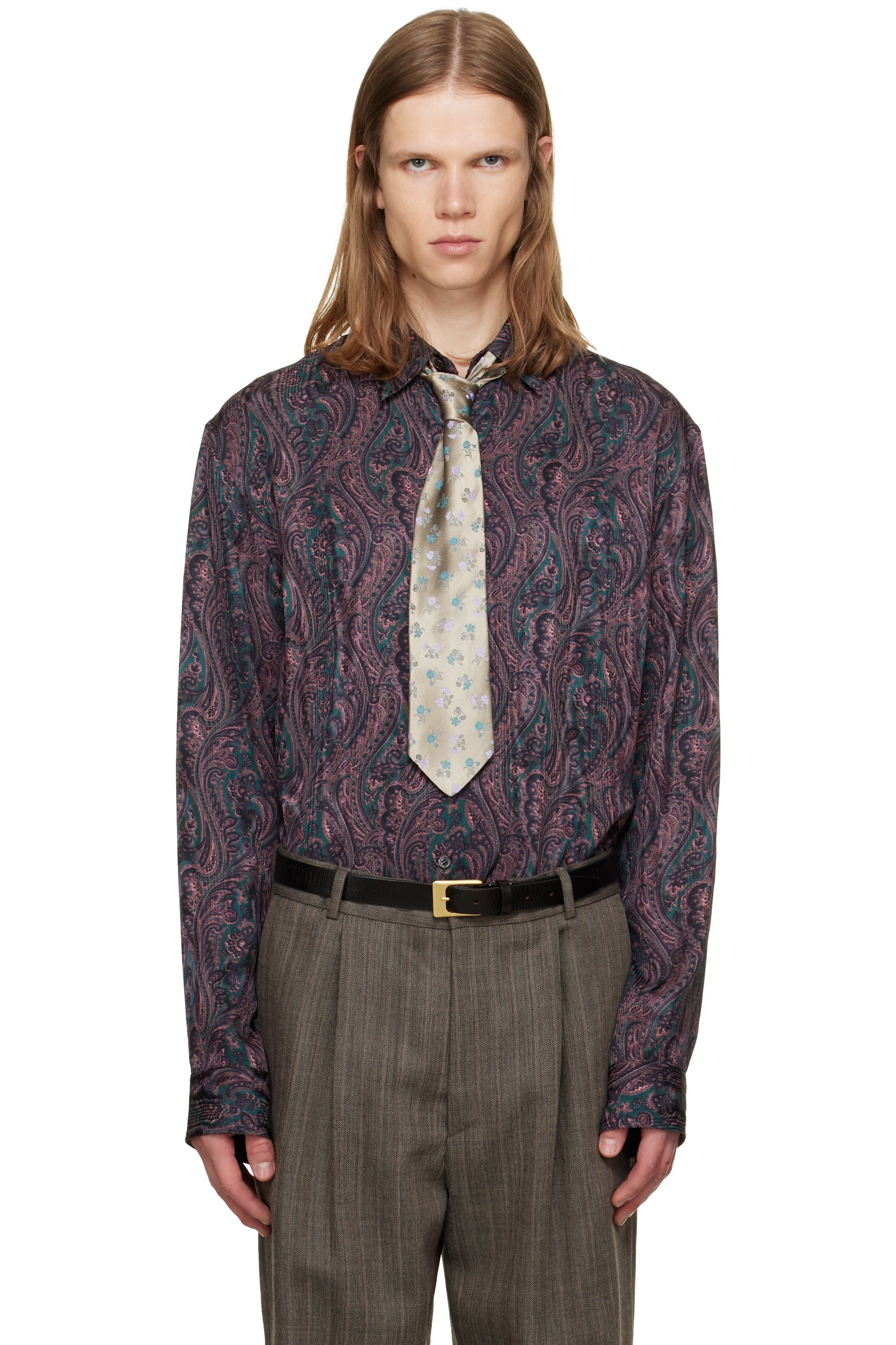 Dries Van Noten - Chemise mauve et vert à motif cachemire