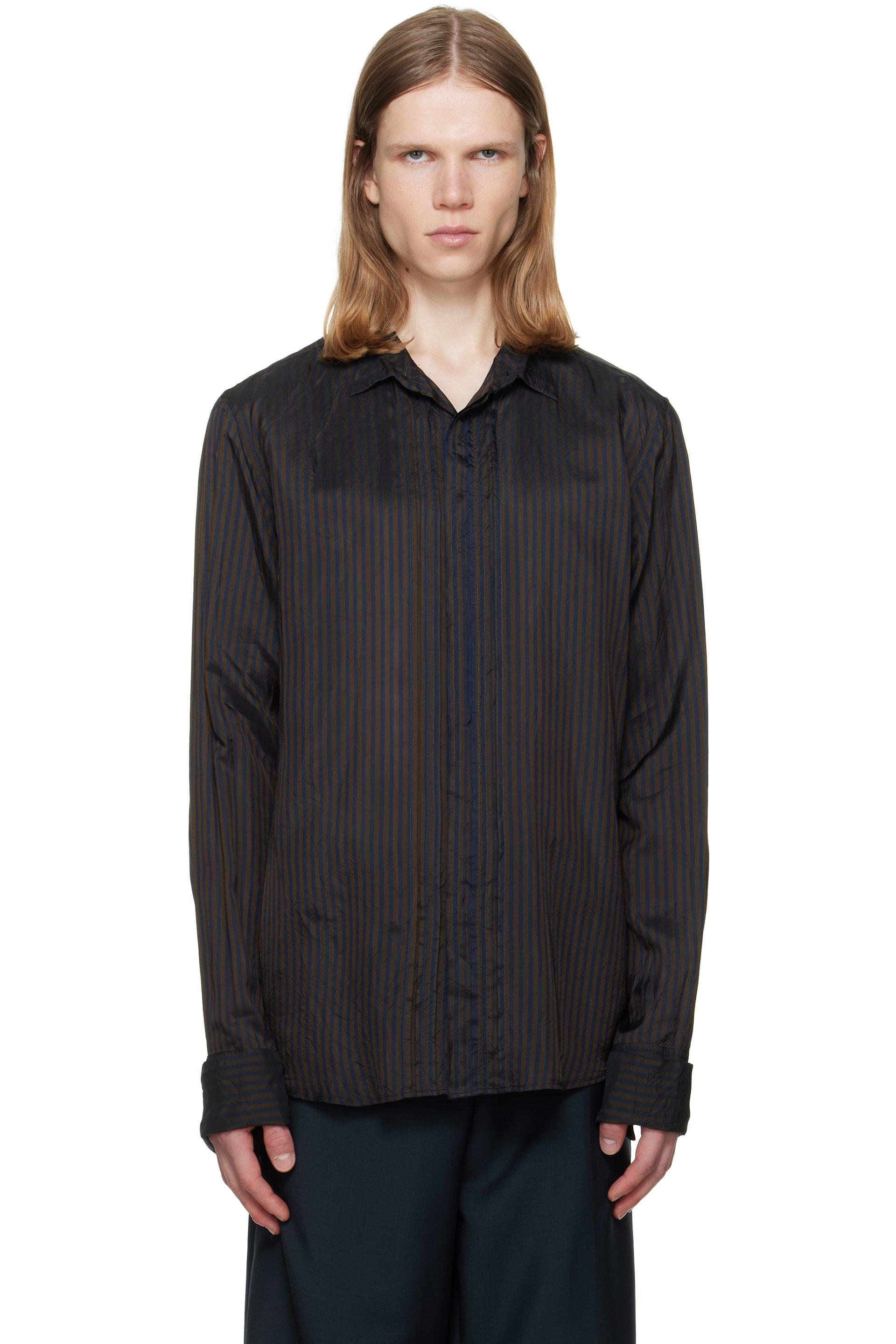 Dries Van Noten - Brown & Navy Striped Pintuck Shirt