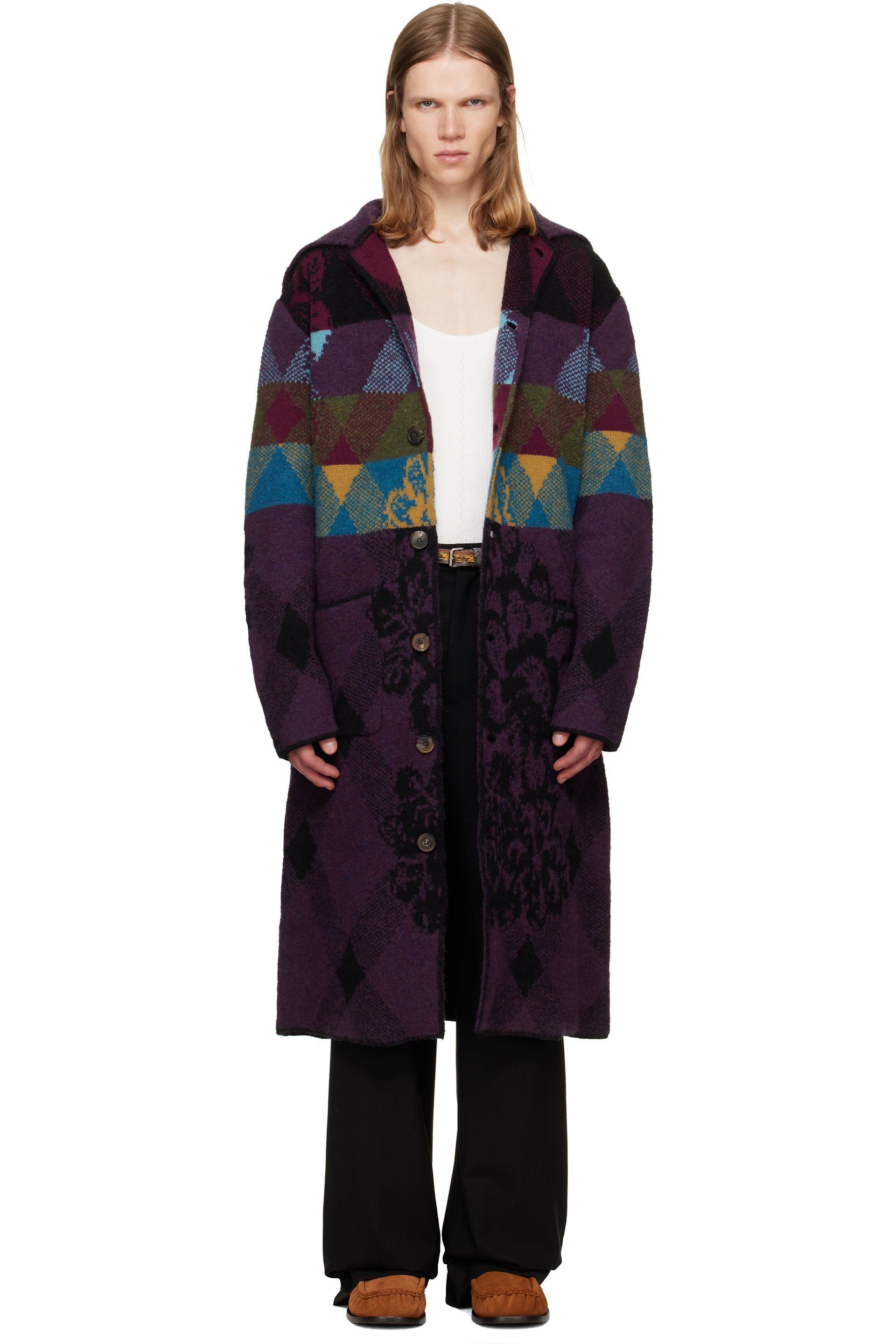 Dries Van Noten - Manteau mauve en laine à patchwork