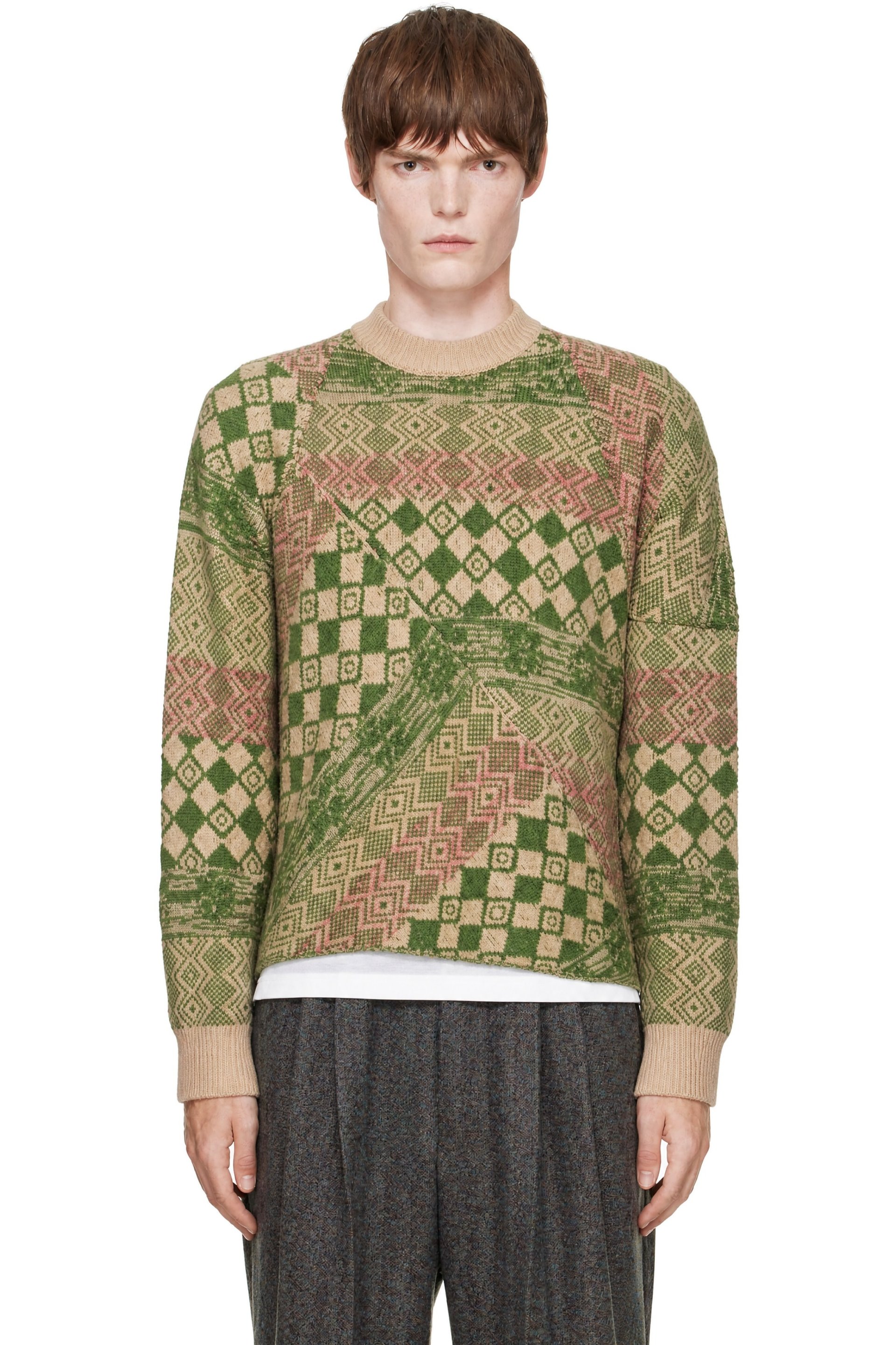 Dries Van Noten - Beige & Green Jacquard Sweater