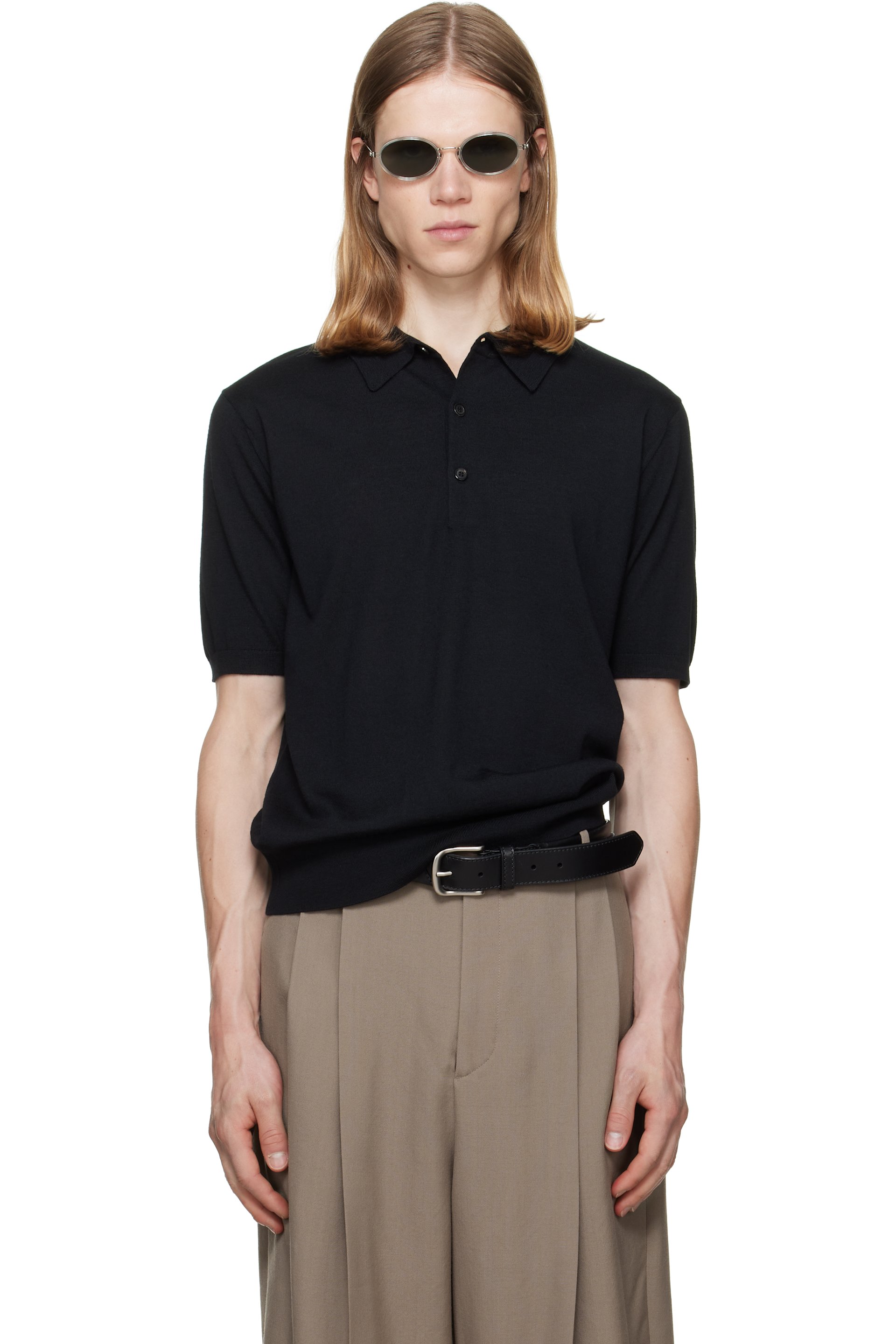 Dries Van Noten - Polo noir en tricot de laine