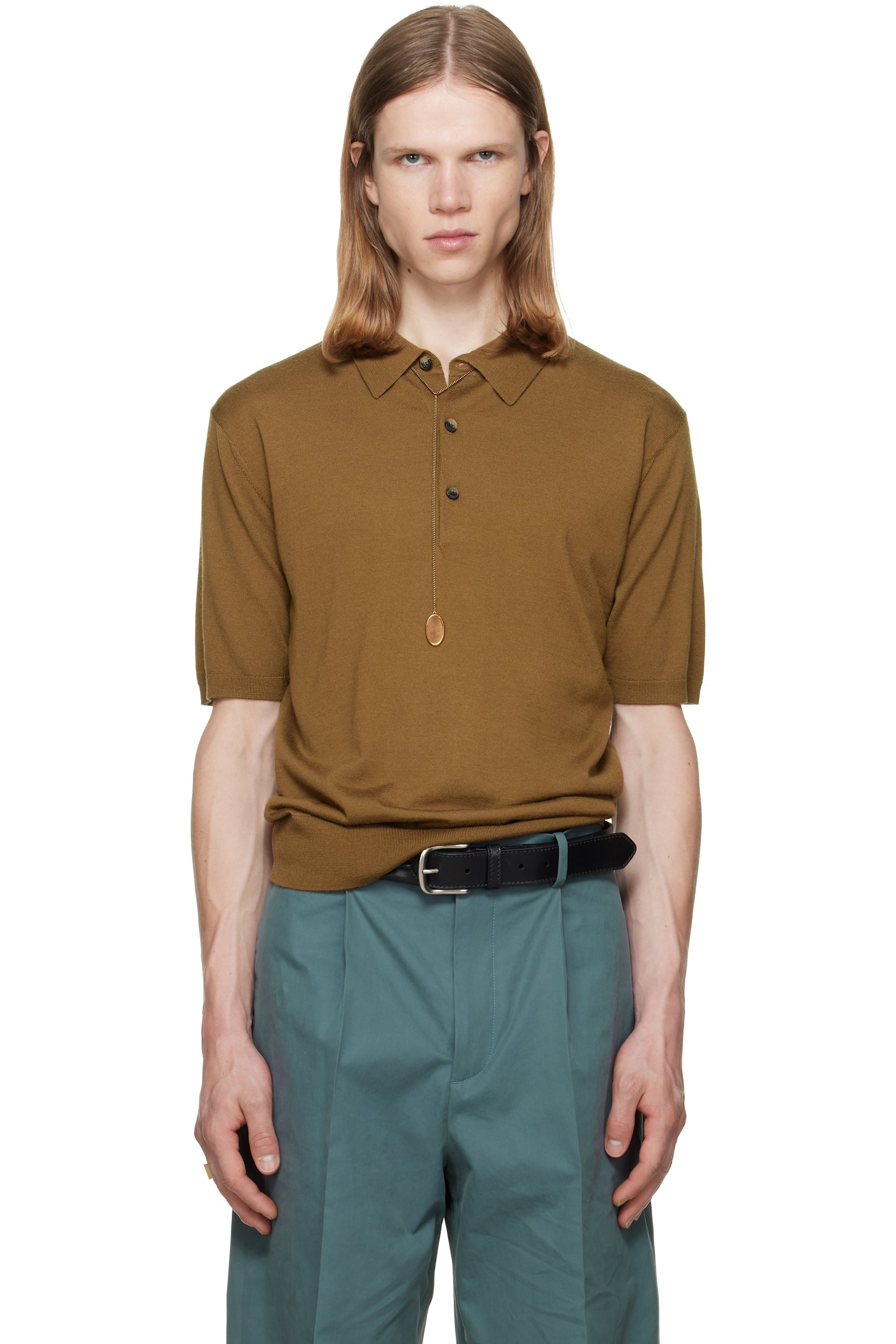 Dries Van Noten - Polo kaki en tricot de laine