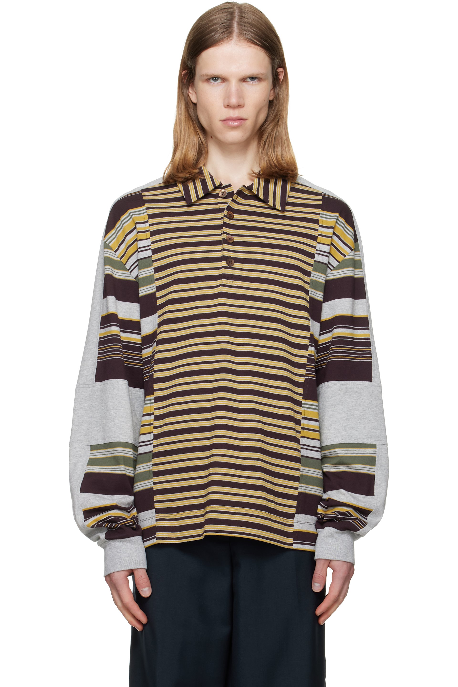 Dries Van Noten - Burgundy & Gray Striped Cotton Polo