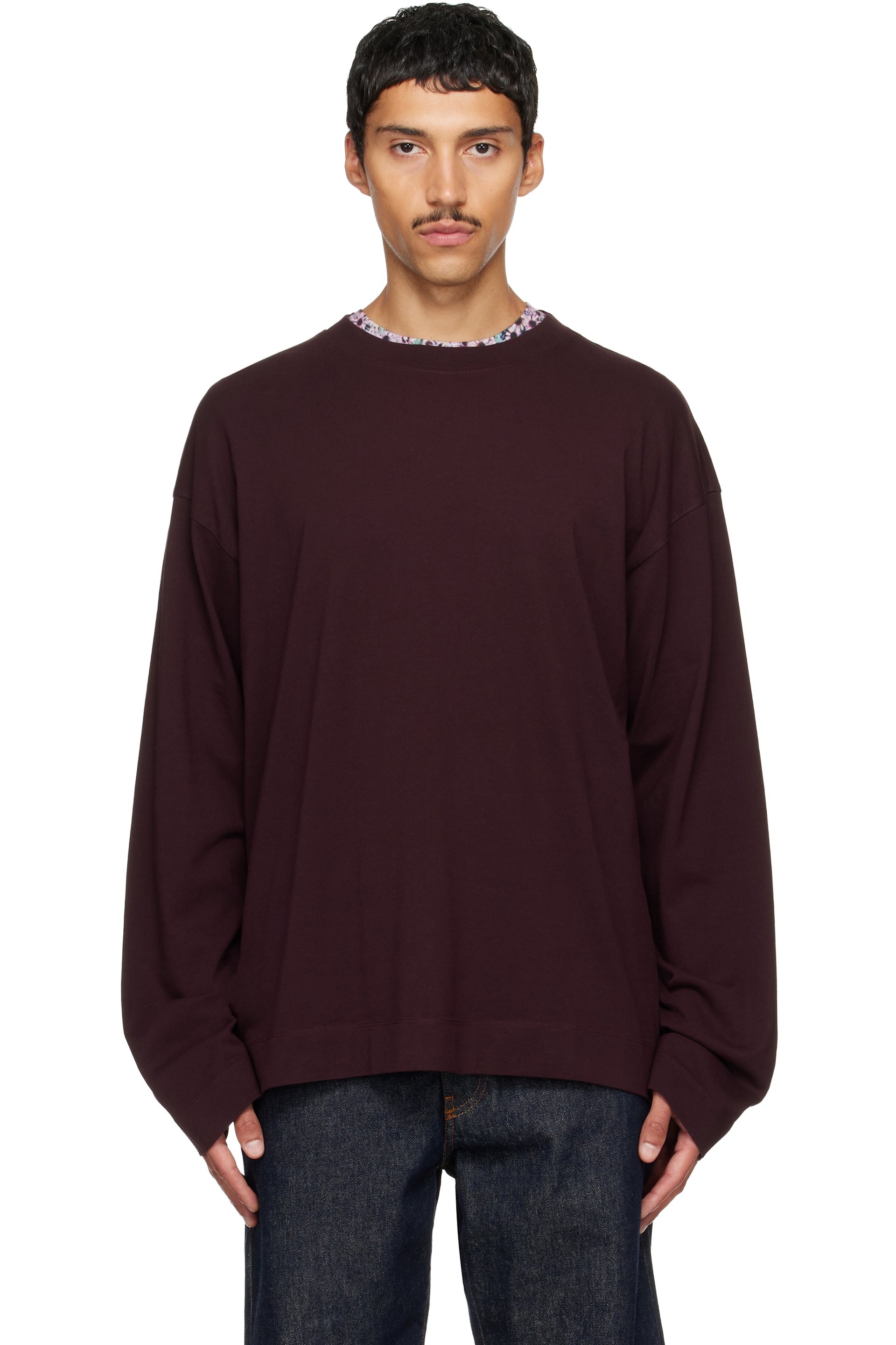 Dries Van Noten - Burgundy Long Sleeve Cotton T-shirt