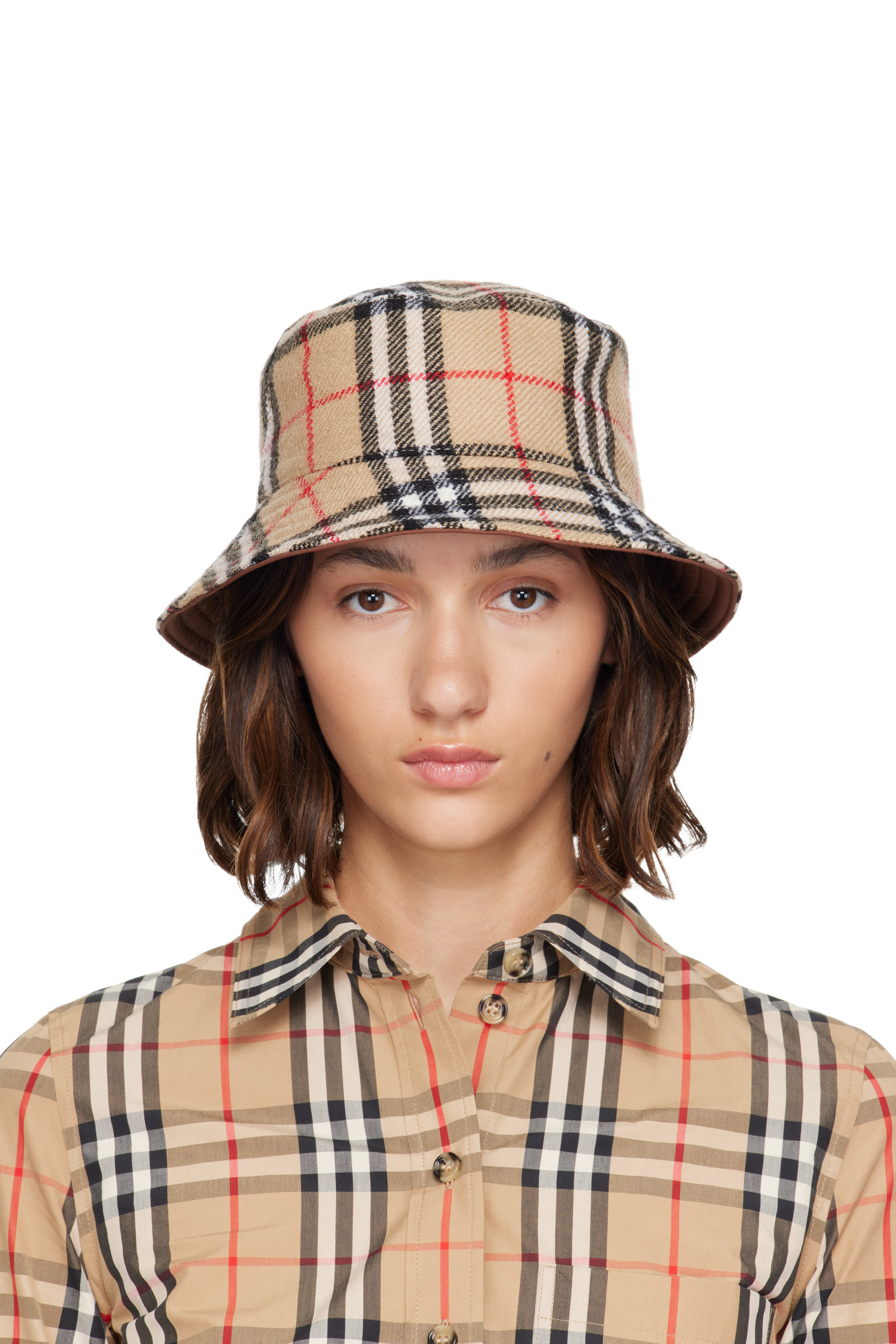 Burberry - Beige Wool Check Reversible Bucket Hat