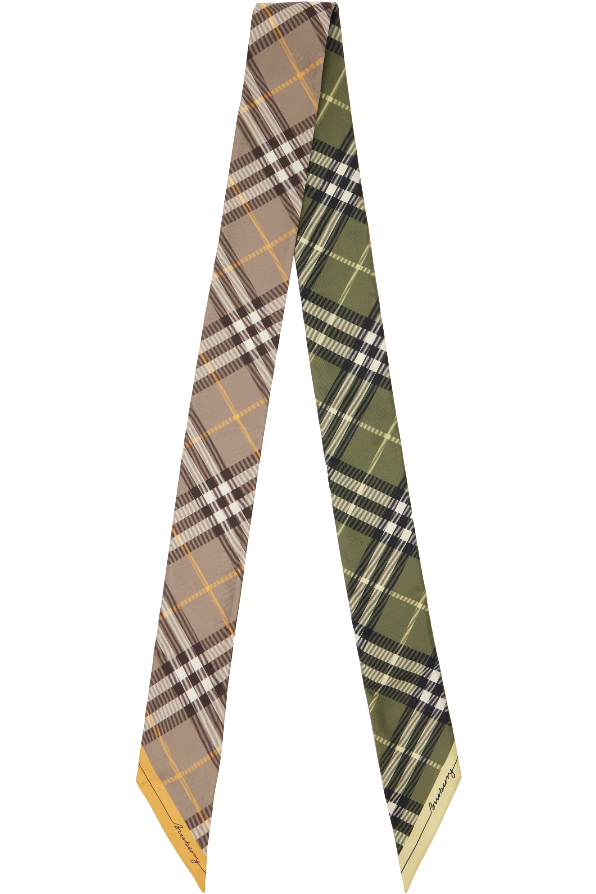 Burberry - Foulard étroit beige et vert en soie à carreaux