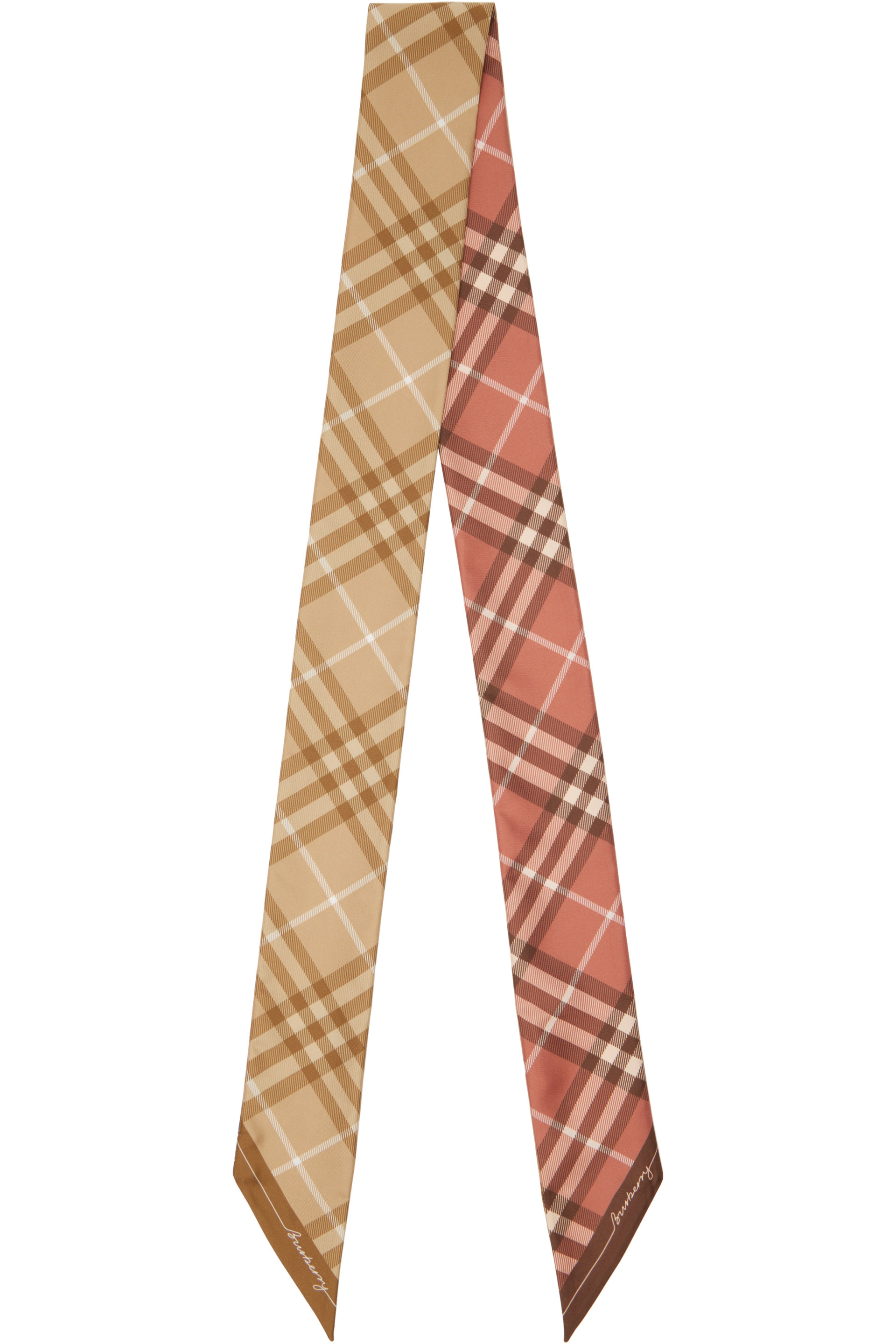 Burberry - Foulard étroit beige et orange en soie à carreaux