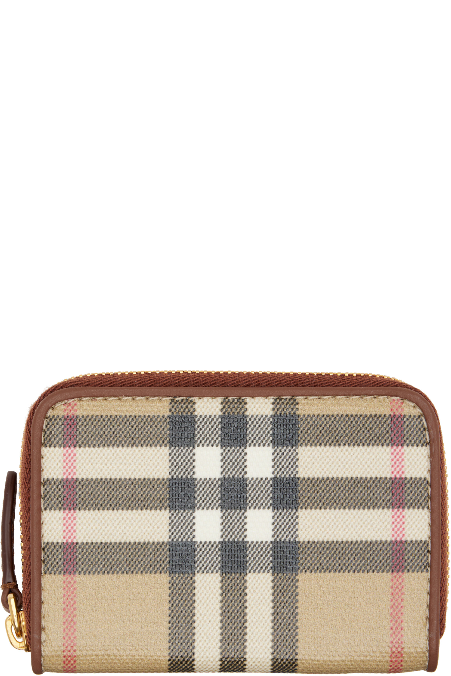 Burberry - Petit portefeuille beige à carreaux et à glissière