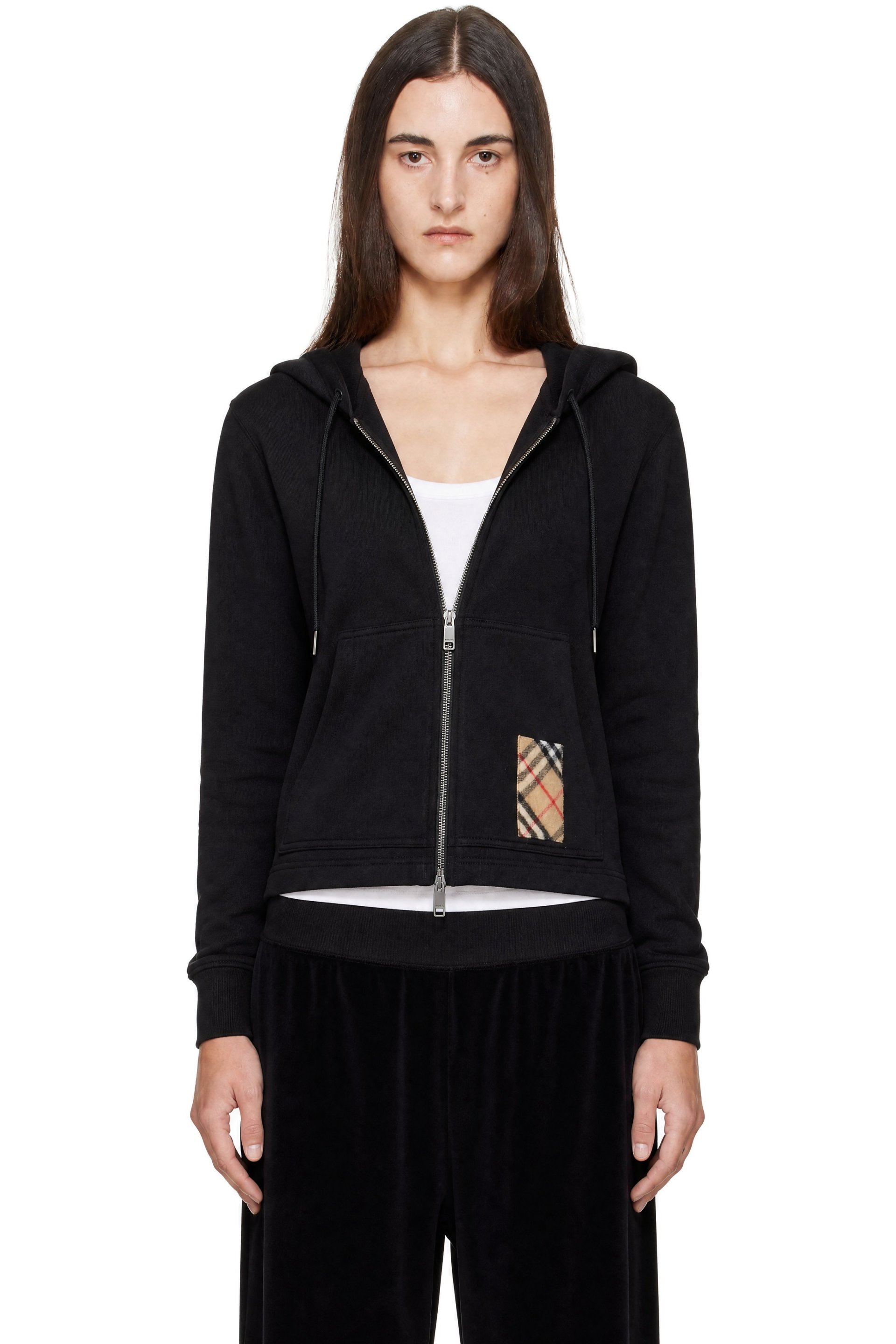 Burberry - Black Check Detail Zip-Up Hoodie
