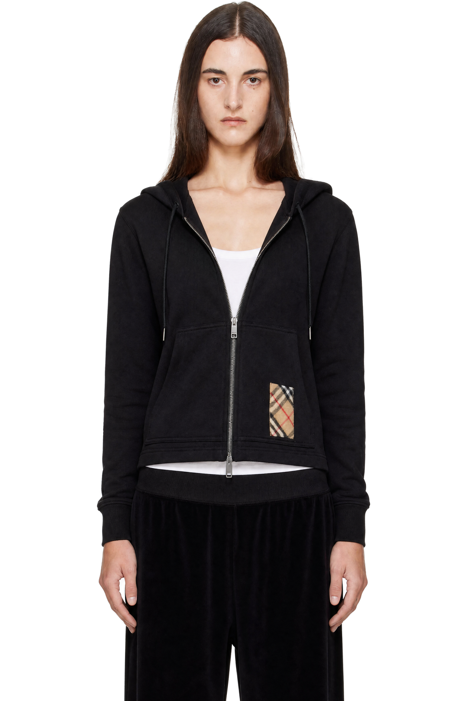 Burberry - Black Check Detail Zip-Up Hoodie